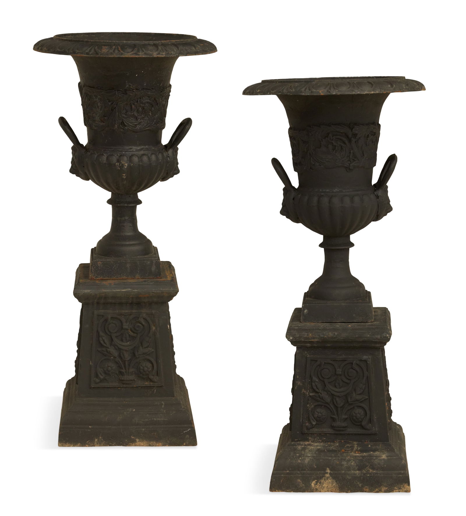 Pair of Cast-Iron Urns on Pedestals (1 of 3)