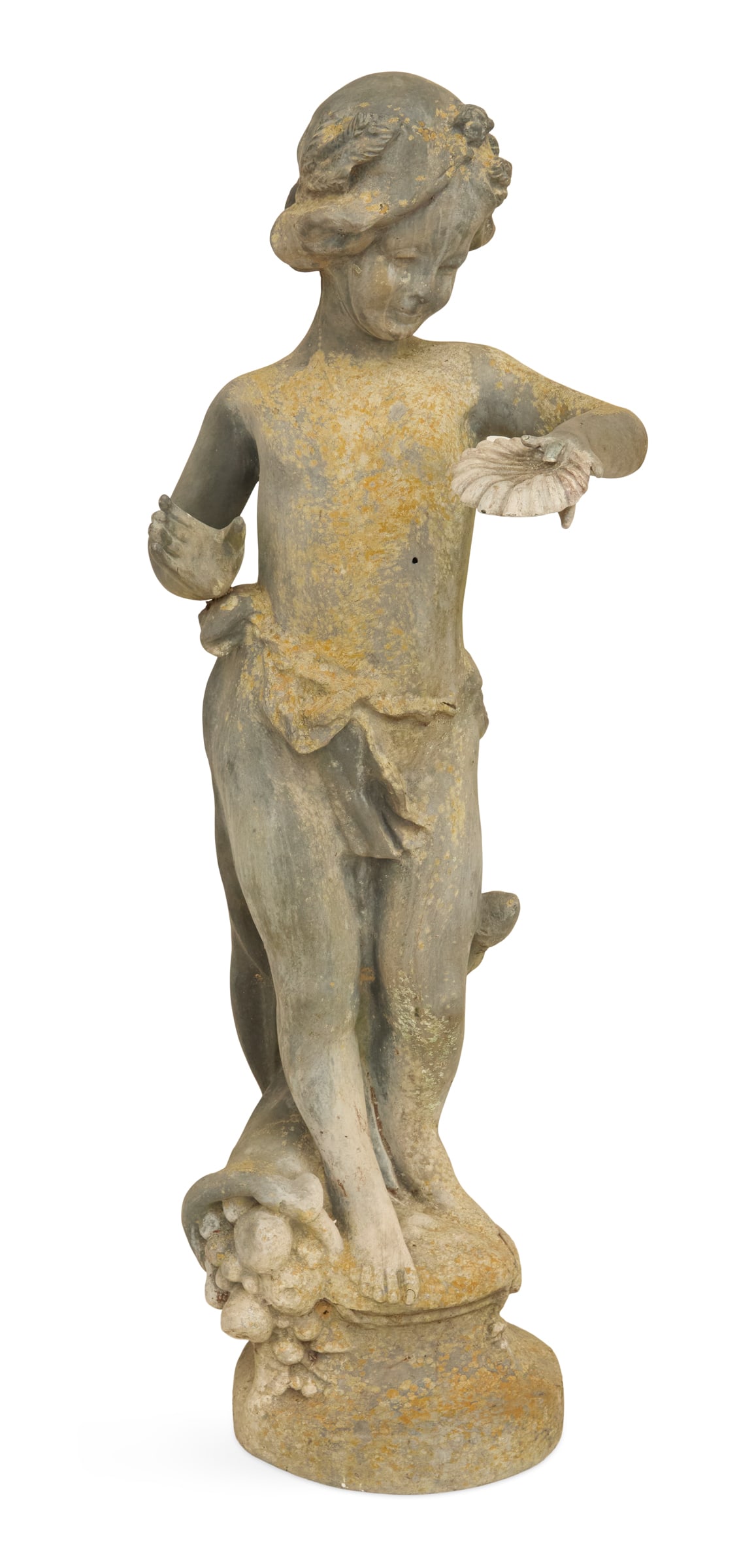 French Art Nouveau Lead Figural Fountain: French Art Nouveau Lead Figural Fountain ca. 1900, in the form of a water nymph holding a shell in one hand, the adjacent finger piped for water, on a cove-molded socle decorated with a cornucopia of