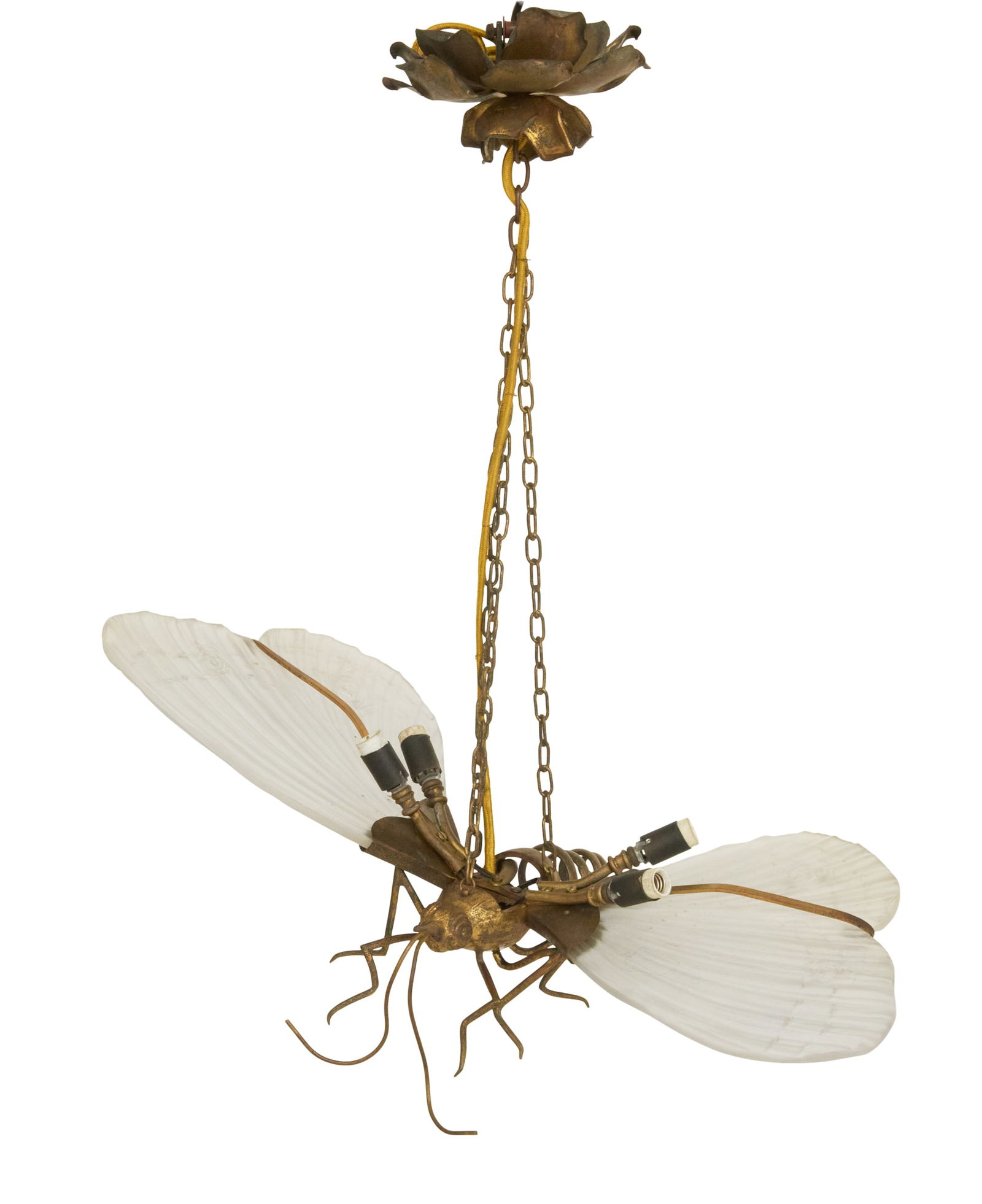French Art Deco Butterfly-Form Chandelier: French Art Deco Gilt-Brass Butterfly-Form Chandelier ca. 1930, with a flower-form canopy set with chains, supporting the realistically molded gilt-brass and bronze body, set with a pair of molded and