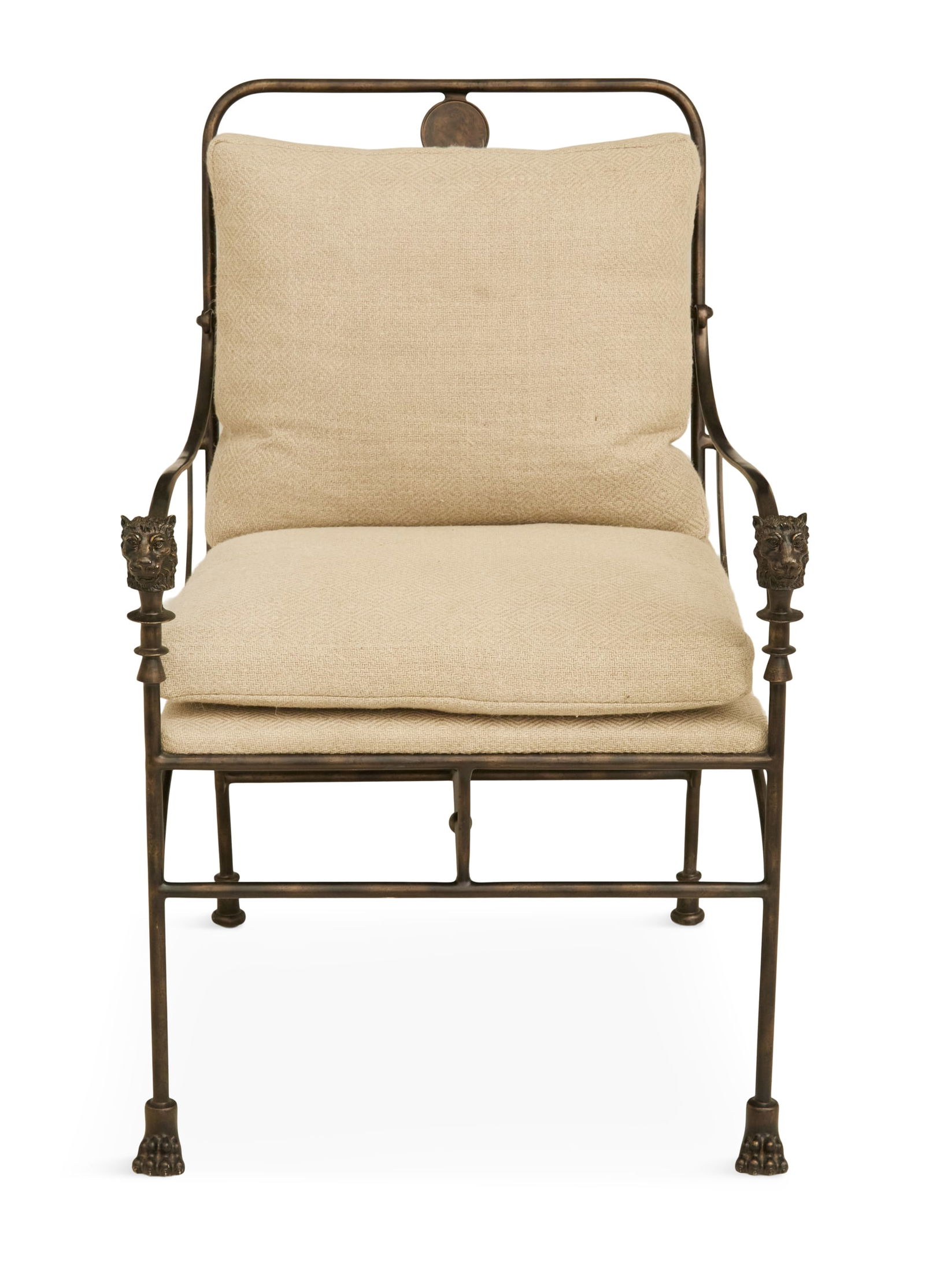 Theodore Alexander Ashbury Accent Chair: Theodore Alexander Living Room Ashbury Accent Chair20th century, model 5185, in the neoclassical taste, the back with a circular medallion over vertical supports, the curved arms terminating in molded