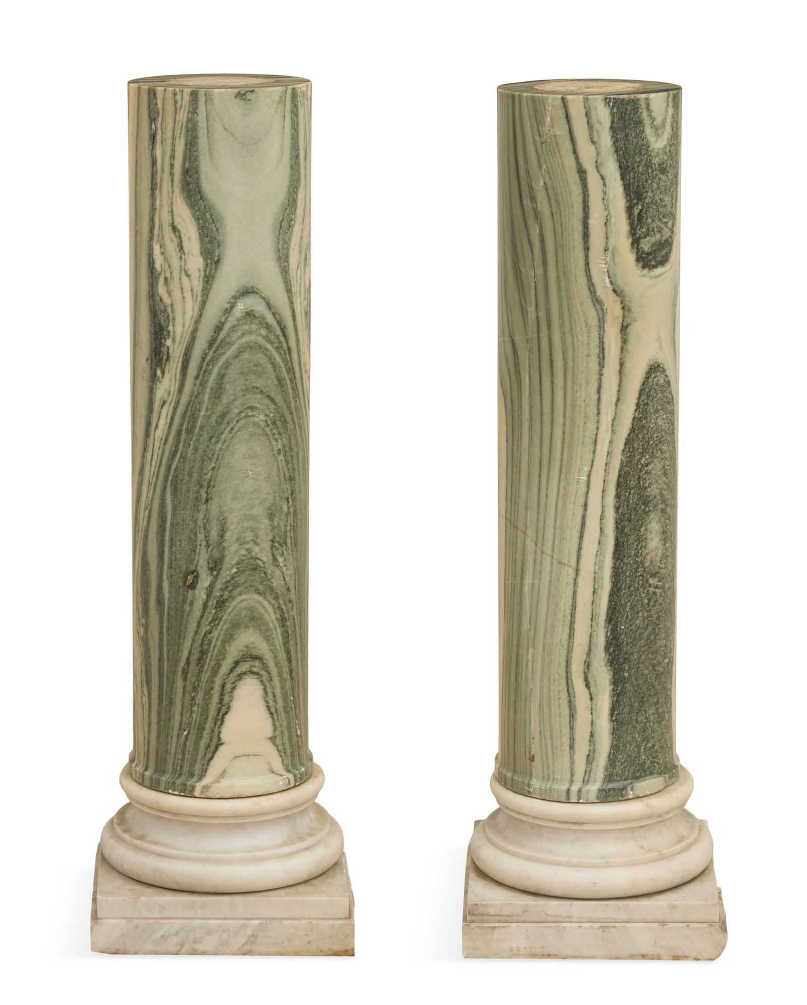 Italian St. Cipollino Breccia Marble Pedestals: Rare Italian St. Cipollino Breccia Marble Pedestals19th century, the standards composed of highly figured green and white St. Cipollino Breccia marble, on Carrara marble Doric bases.h. 43", w. 13-1/4"