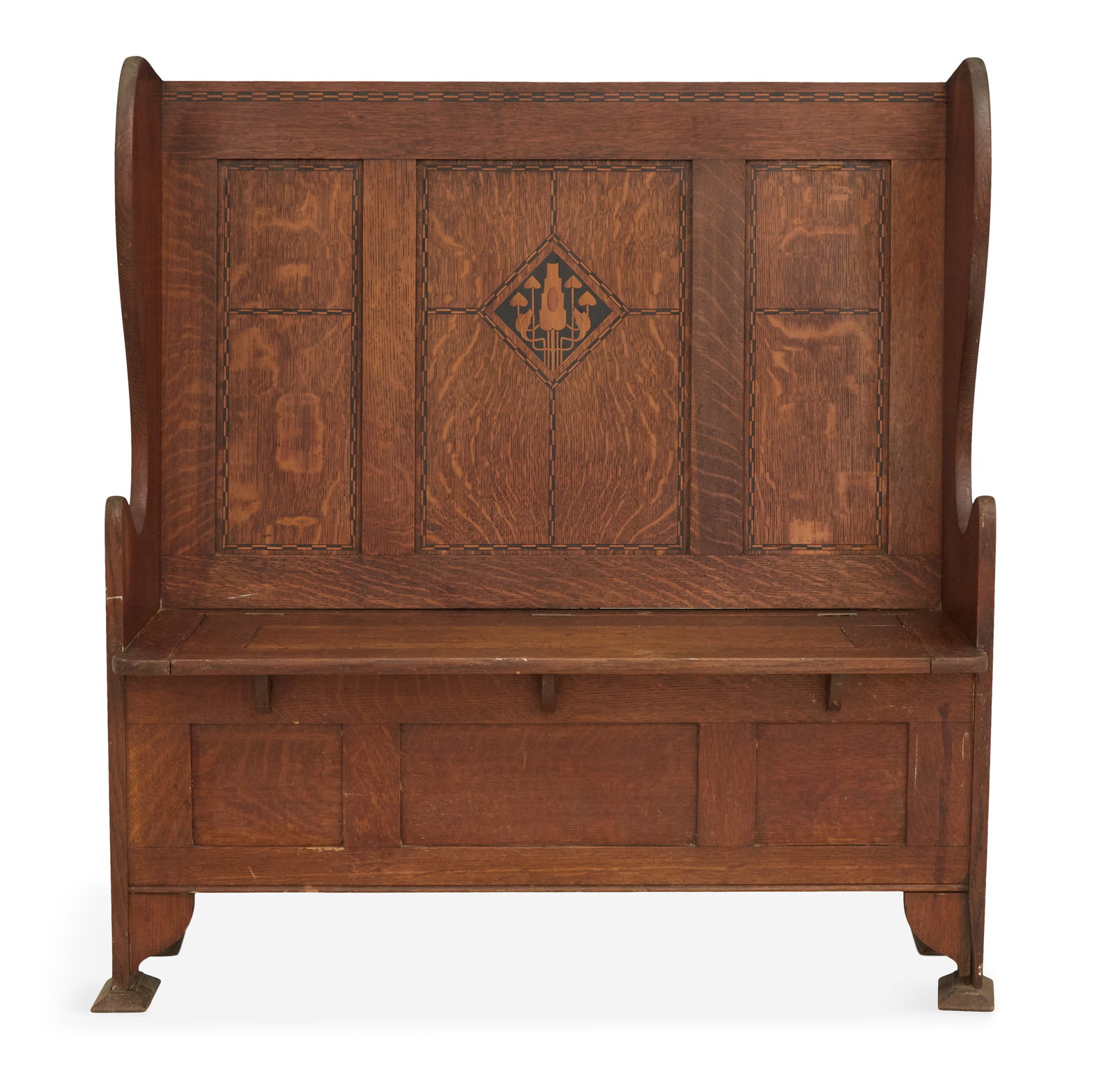 Scottish Arts and Crafts Inlaid Oak Settee Bench (1 of 4)