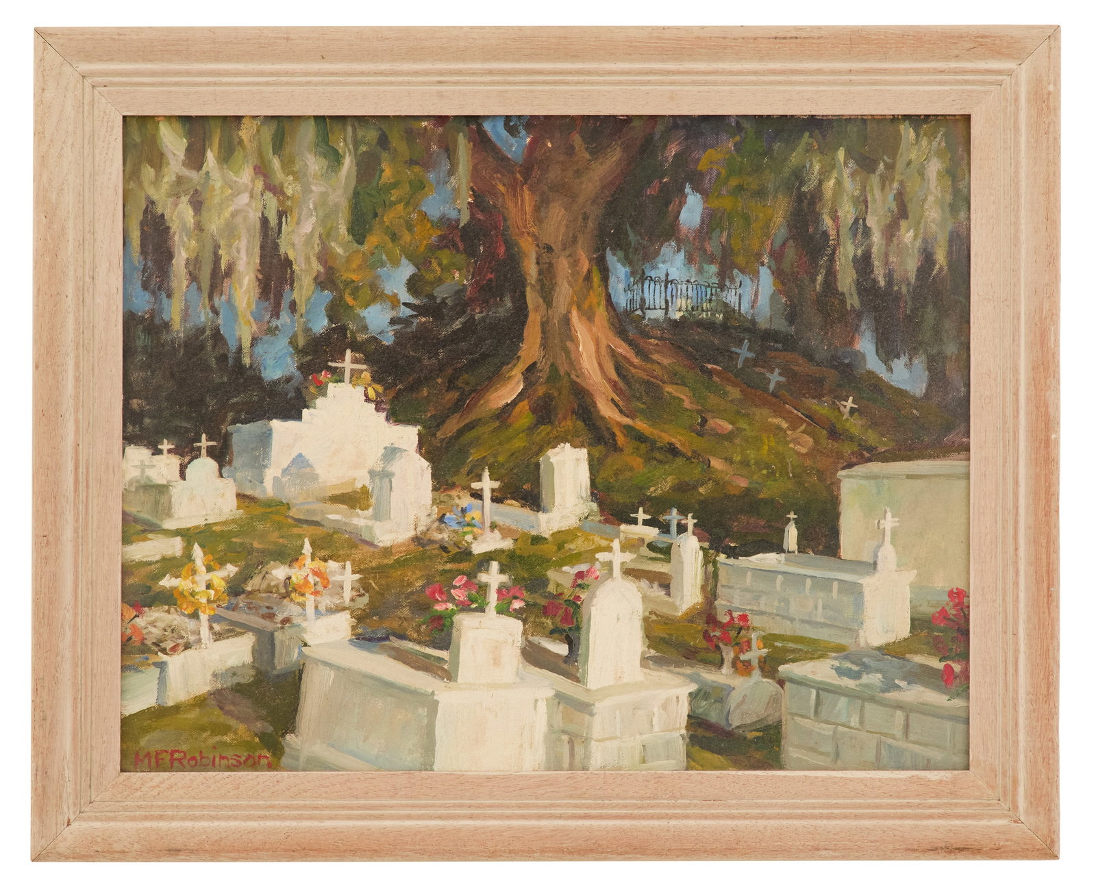 Margaret F. Robinson (USA/Louisiana, 1904-1985): Margaret Frances Robinson(American/Louisiana, 1904/08-1985)"Louisiana Cemetery"oil on canvas boardsigned lower left.Framed.14" x 18", framed 17-1/4" x 21-1/8"