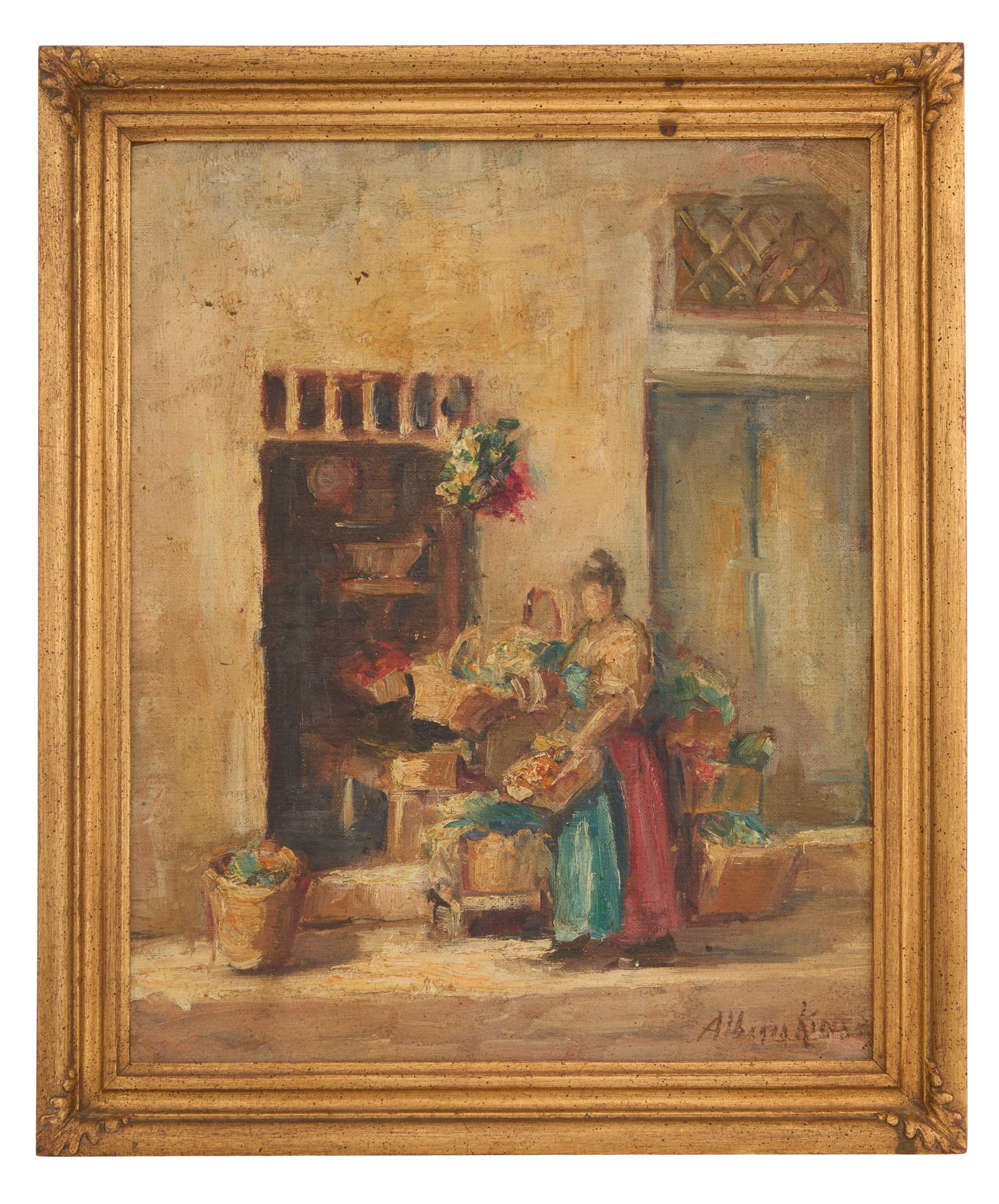 Alberta Kinsey (American/Louisiana, 1875-1952): Alberta Kinsey(American/Louisiana, 1875-1952)"Fruit Market on a Street in Florence"oil on canvas boardsigned lower right, and typewritten label with artist and title en verso.Framed.sight 12-3/4" x 10