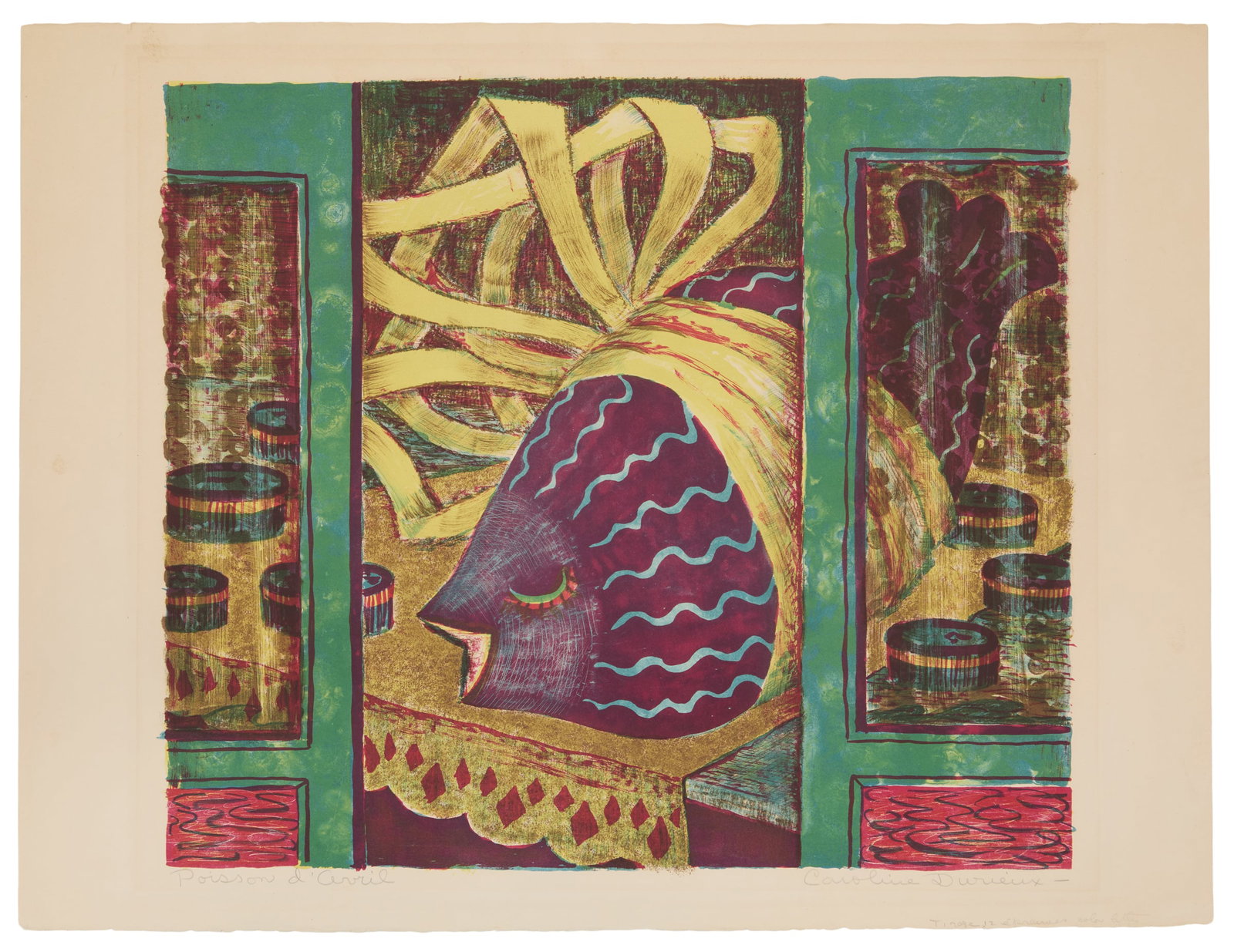 Caroline Durieux (American, 1896-1989): Caroline Spellman Wogan Durieux(American, 1896-1989)"Poisson d'Avril", 1951lithograph in colors on paperpencil-signed, titled and inscribed "Tirage 12 epreuses color lith" in the lower margin, printed