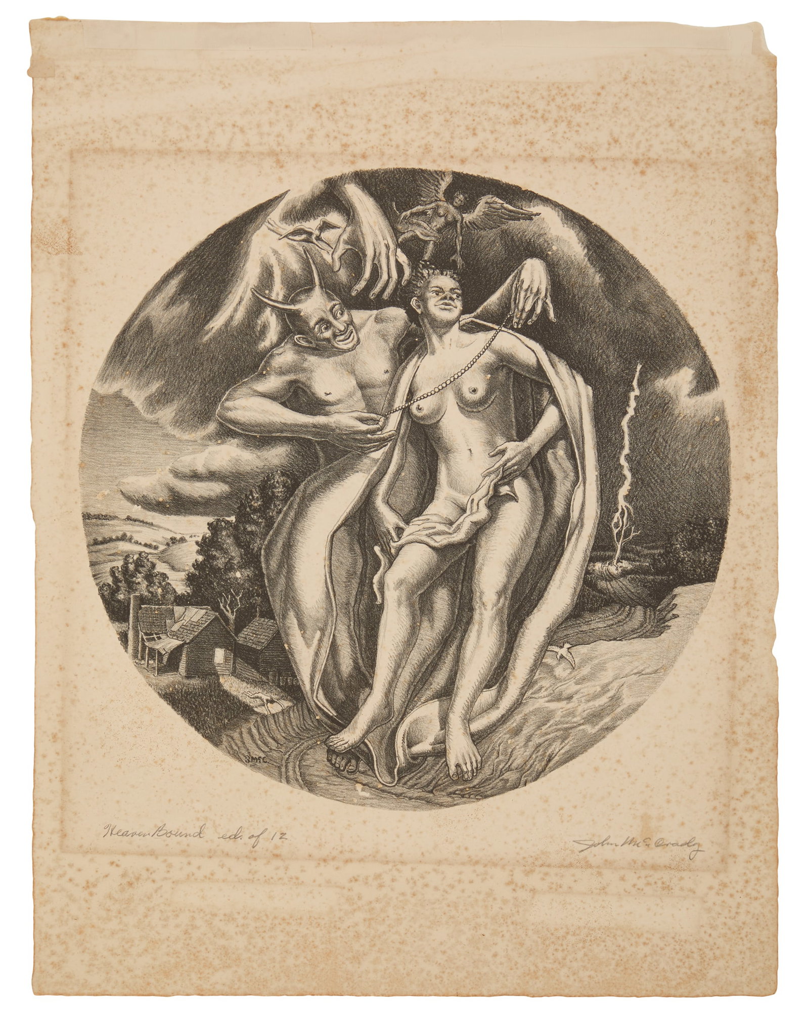 John McCrady (American/Mississippi, 1911-1968): John McCrady(American/Mississippi, 1911-1968)"Heaven Bound", 1941-42lithograph on paperinitialed in stone "J.McC." lower left, and pencil-signed, titled and numbered "ed. of 12" in the lower margin.Ma