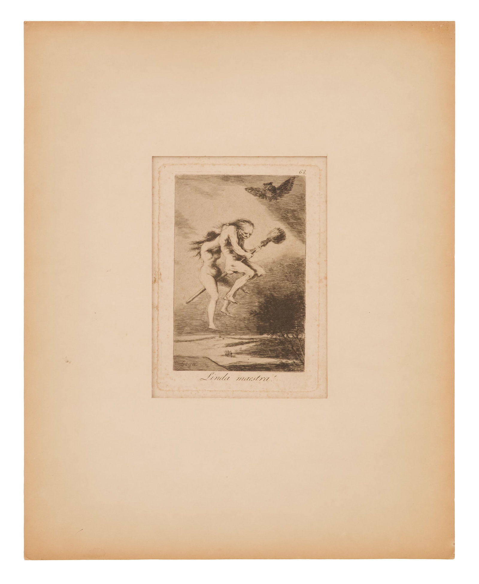 Francisco Goya (Spanish, 1746-1828): Francisco Goya(Spanish, 1746-1828)"Linda Maestra"etching on paperplate 68, from the "Los Caprichos" series.Matted and unframed.sheet 19-3/4" x 13-1/2", image 9" x 5"