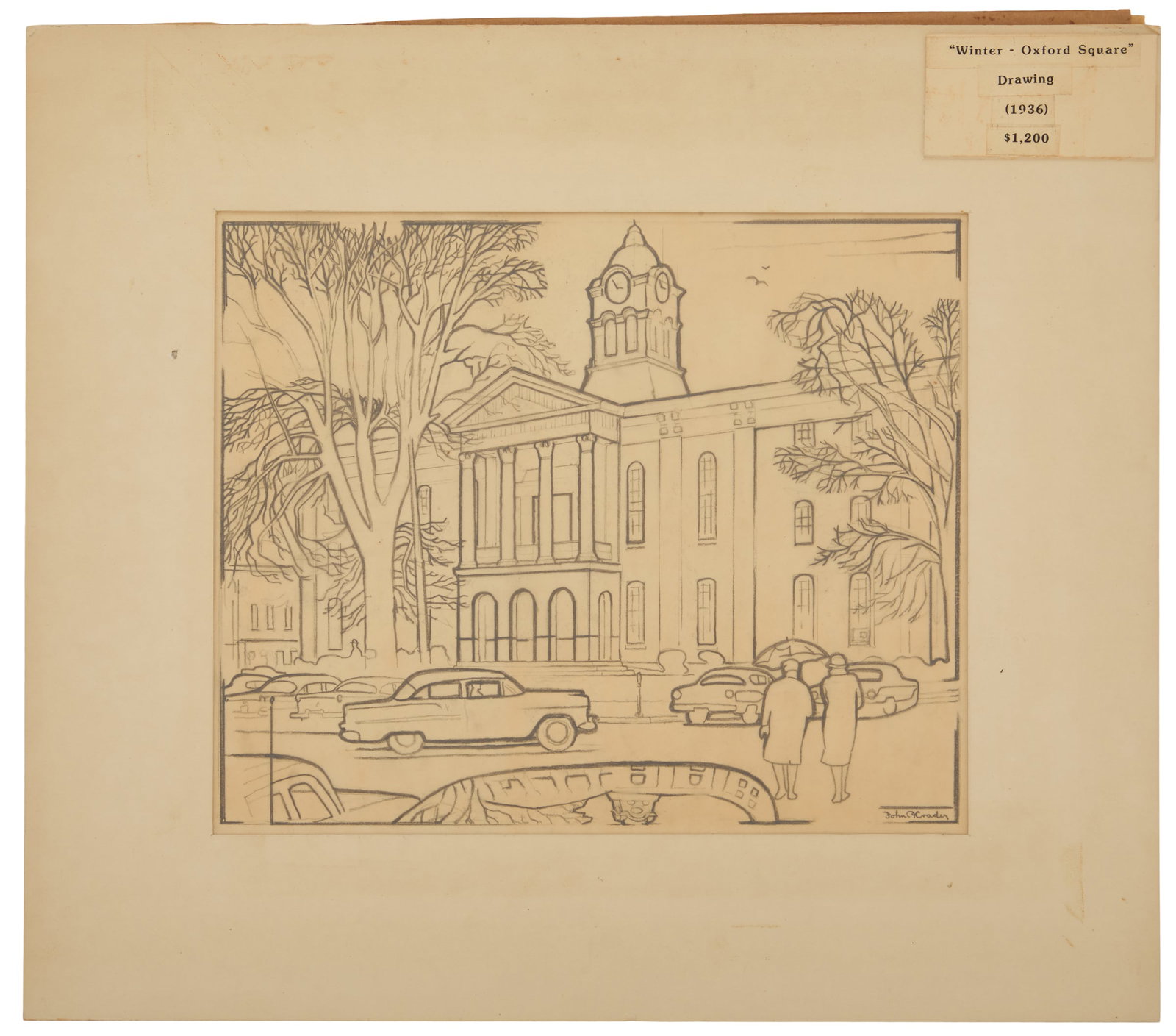 John McCrady (American/Mississippi, 1911-1968): John McCrady(American/Mississippi, 1911-1968)"Oxford Square Gathering, Winter"pencil on paperpencil-signed lower right and titled en verso of mat board.Unframed.sheet 15" x 17" Provenance: Estate