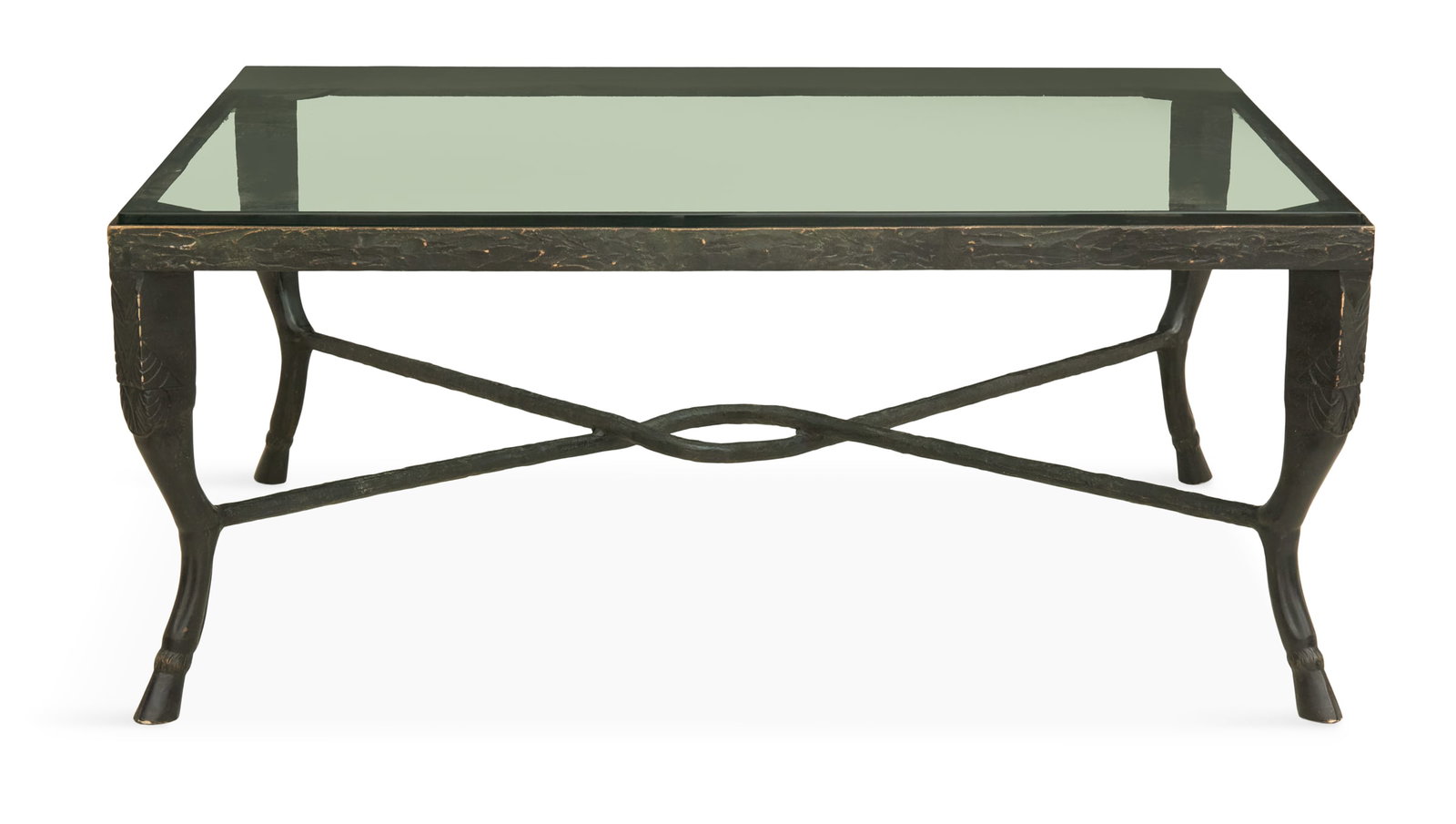 Christopher Chadoff Signed Coffee Table: Mid-Century Modern Christopher Chadoff Signed Coffee Table20th century, patinated bronze and plate glass, signed "Chadoff", in the Diego Giacometti style, of rectangular form, with stylized animal leg