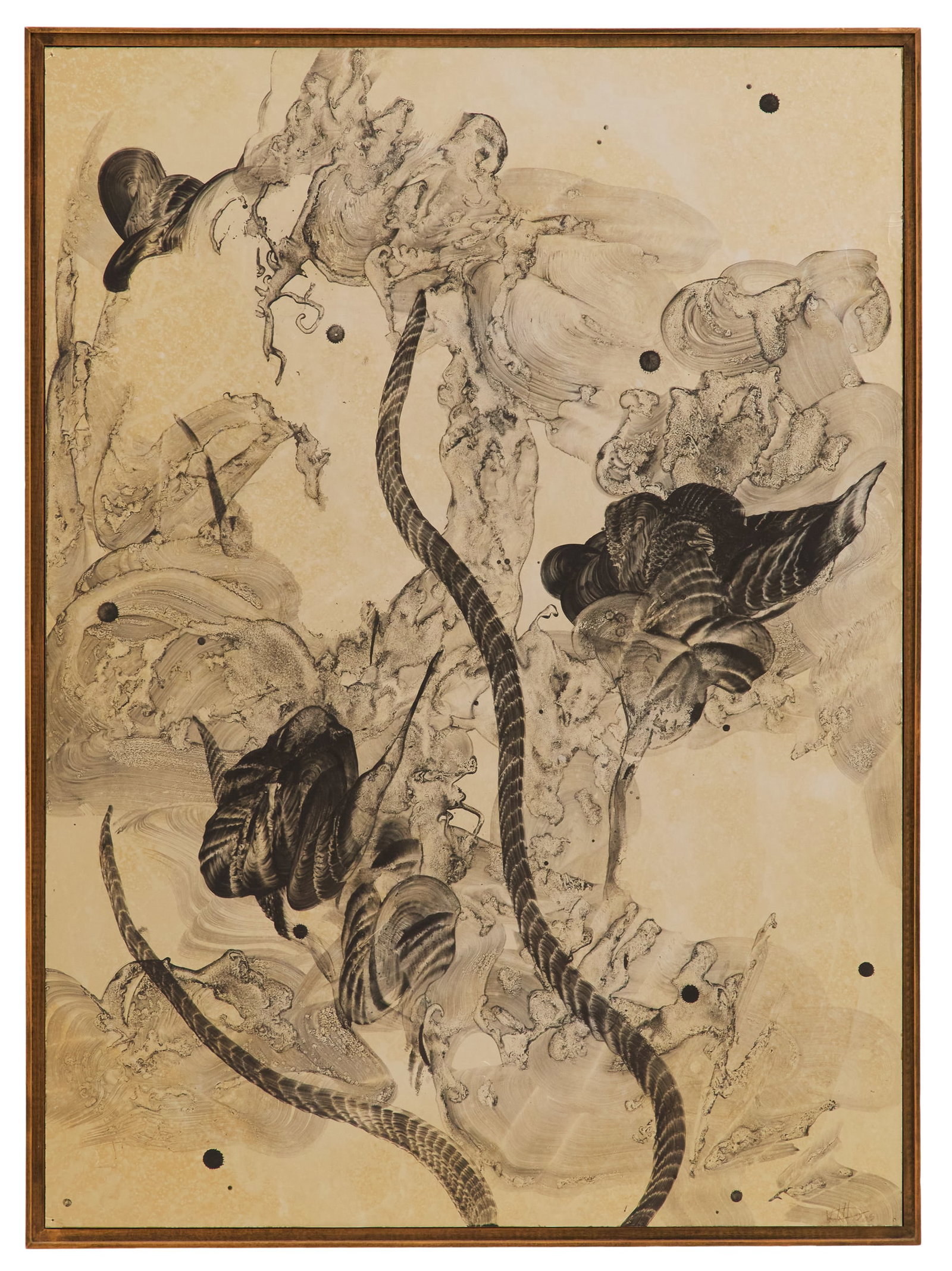 Virgil Grotfeldt (American, 1948-2009): Virgil Grotfeldt (American, 1948-2009) "Constant Rhythm", 2005 acrylic and coal powder on metallic paper laid down on foam board signed and dated lower right. Framed. 40-1/8" x 29-1/2", framed