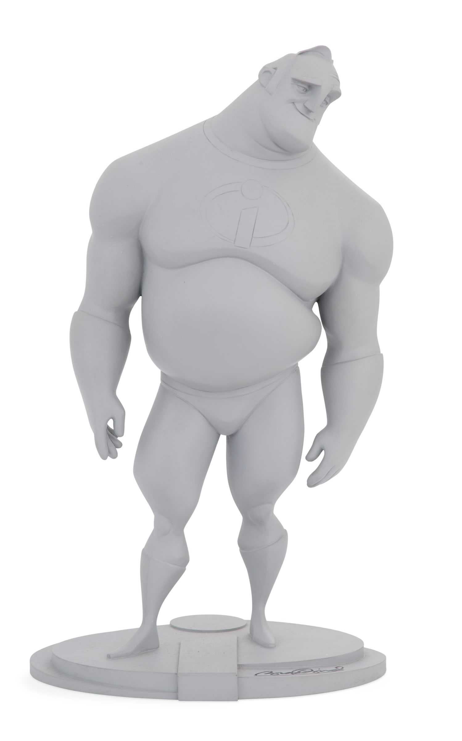 Mr. Incredible Maquette, Kent Melton (1955-2024): Mr. Incredible Reference Maquette by Kent Melton (1955-2024)gray-painted resin, signed by the film's director Brad Bird at front of self-base, inscribed "Hero-1149", dated and numbered "#2" at bottom.
