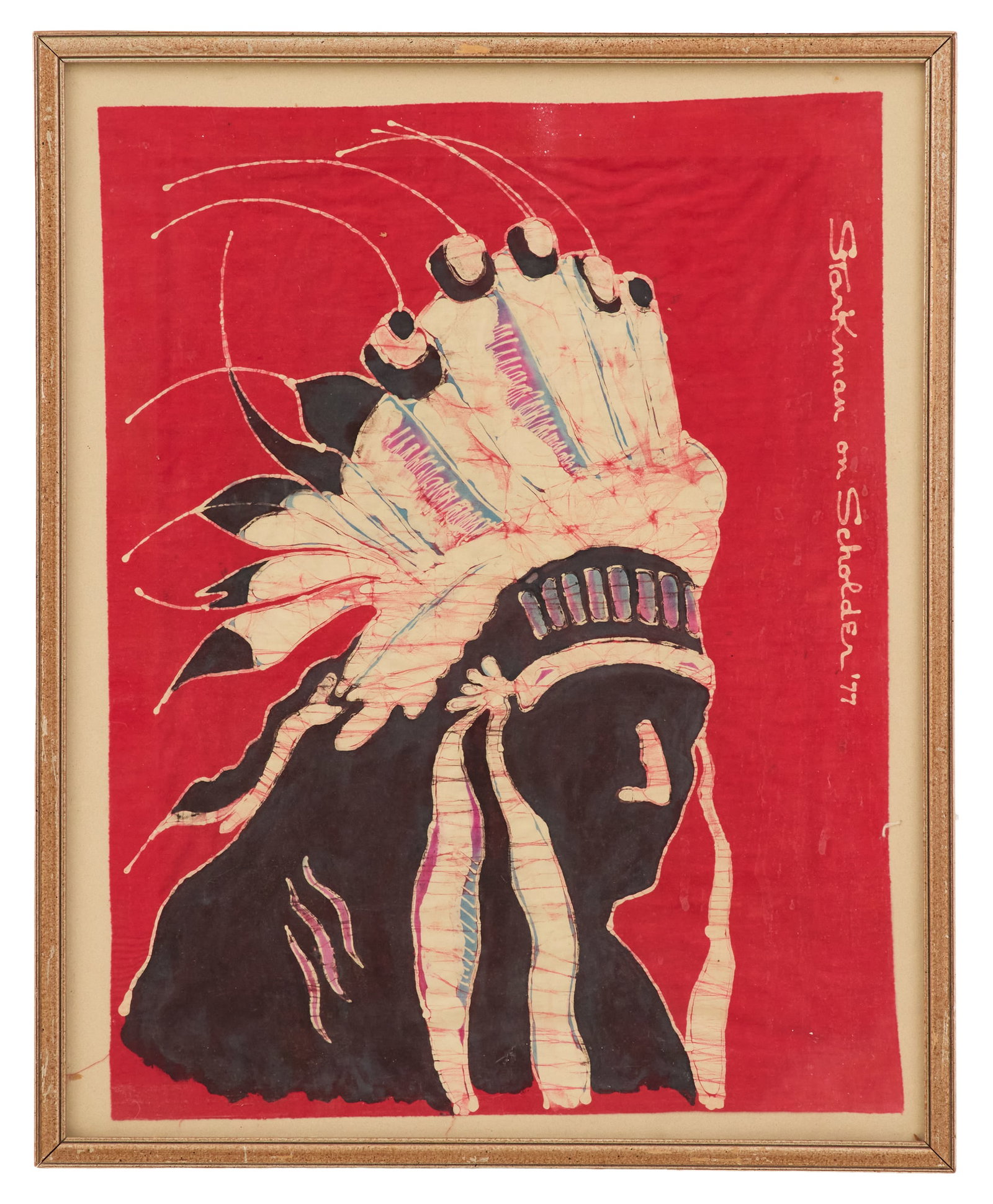 After Fritz Scholder (American, 1937-2005): After Fritz Scholder(American, 1937-2005)"Untitled", 1977printed fabricsewn signature and date along right edge.Float-mounted, glazed and framed.sight 23-1/4" x 17-1/2", framed 26" x 21"