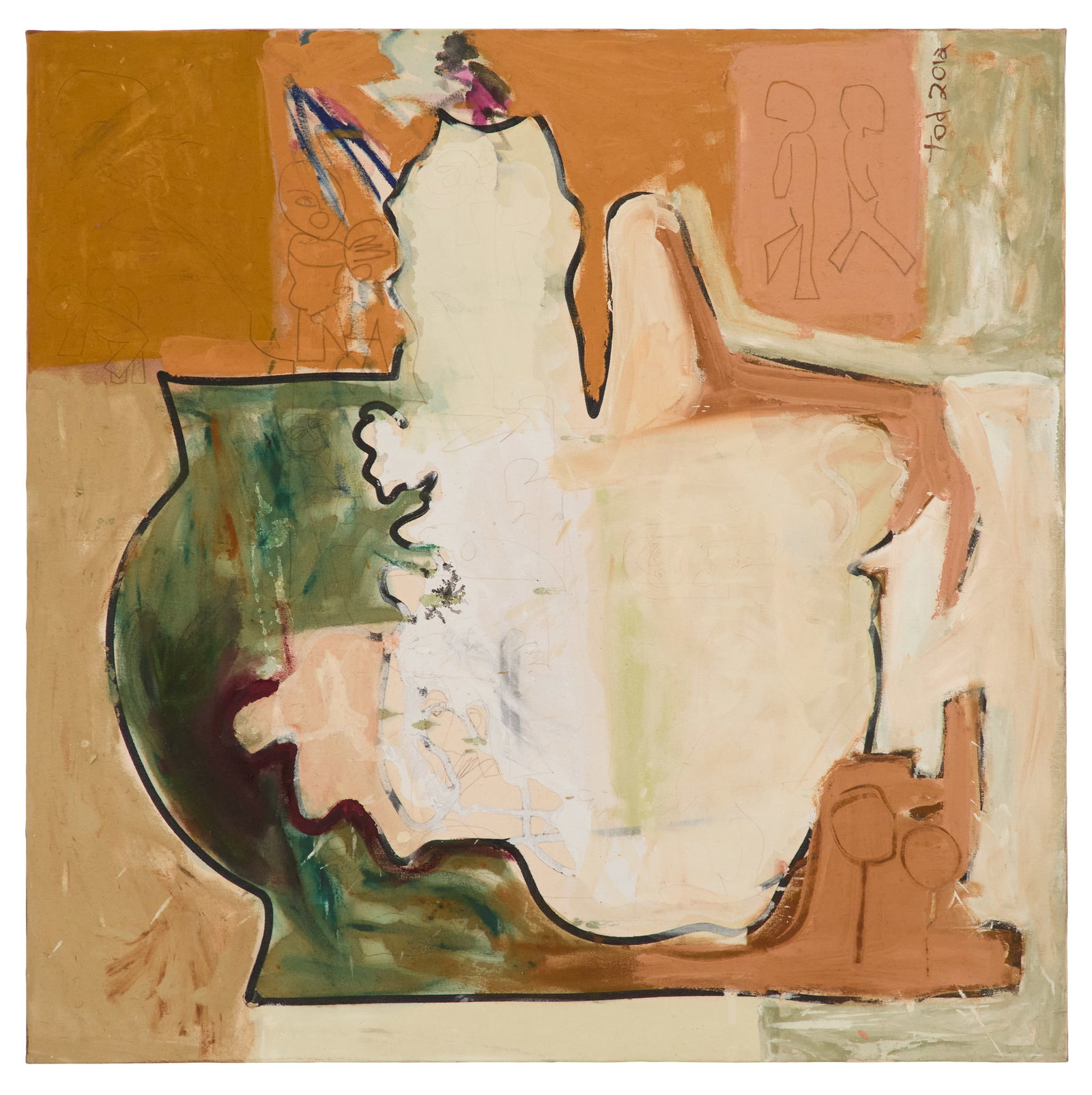 Tod Bailey (American/Texas, b. 1970): Tod Bailey(American/Texas, b. 1970)"Figurative Abstraction", 2012oil and ink on canvassigned and dated lower right and en verso.Unframed.38" x 38" Provenance: Collection of Wade Wilson Art, Houst