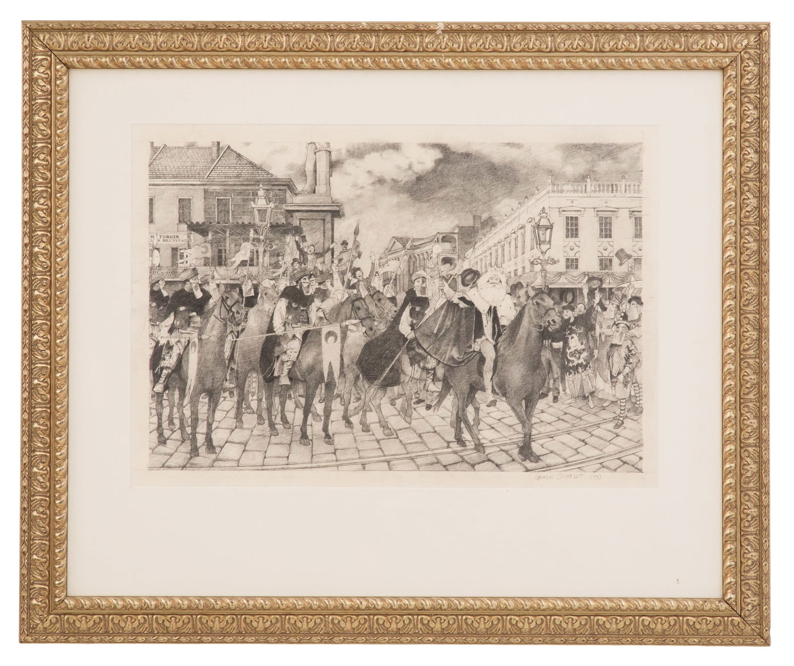 George Schmidt (American/Louisiana, b. 1944): George Schmidt(American/Louisiana, b. 1944)"Study for The First King of Carnival, Lewis Soloman, 1872", 1993pencil on paperpencil-signed and dated lower right.Matted, glazed and framed.sight 21-1/2" x