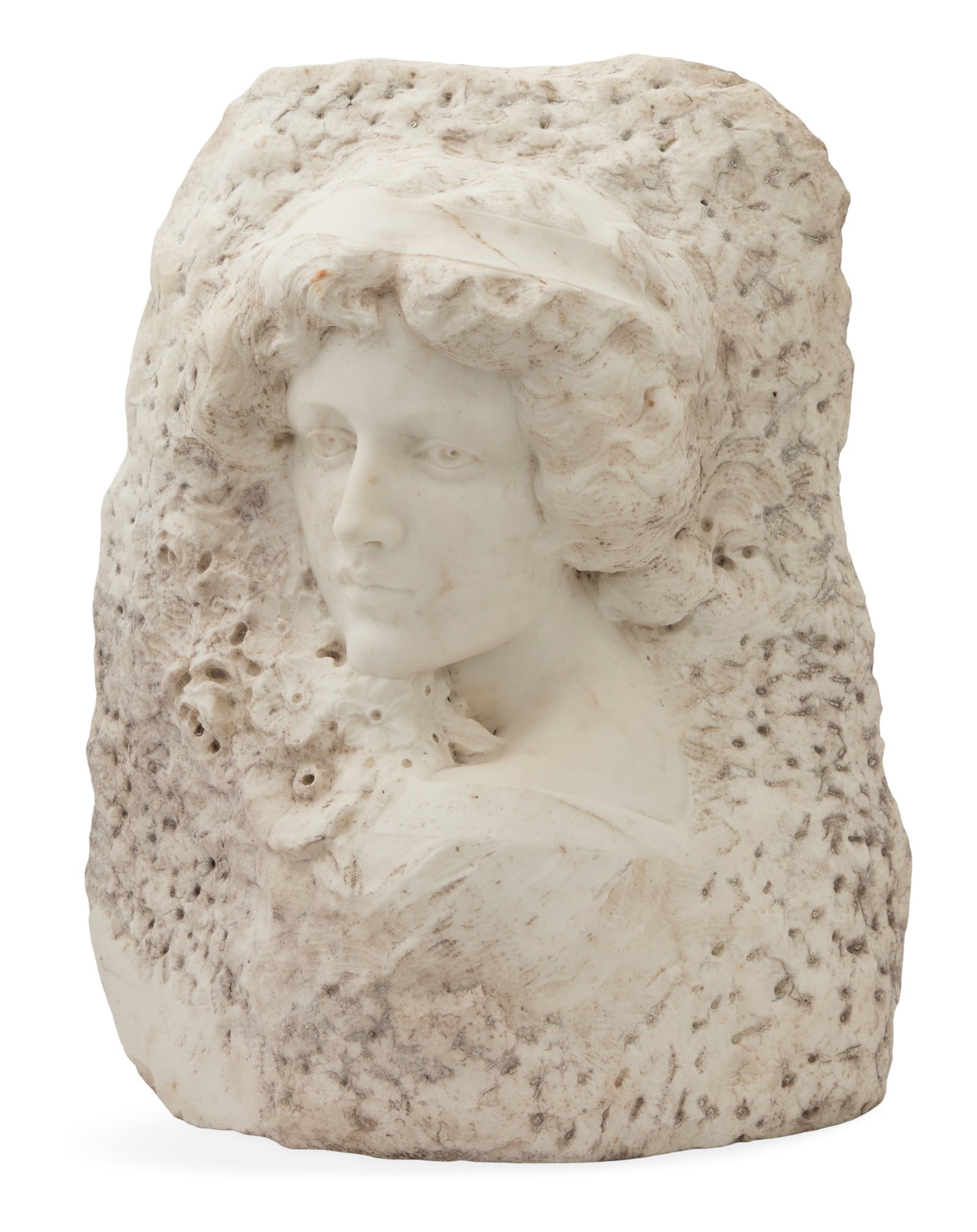Hibbert Charles Binney (British, 1872-1951): Hibbert Charles Binney(British, 1872-1951)"Bust of a Woman"marbleearly 20th century, the roughly hewn marble carved with a detailed face, signed "Binney" on the lower left front side.h. 19", w. 15", d