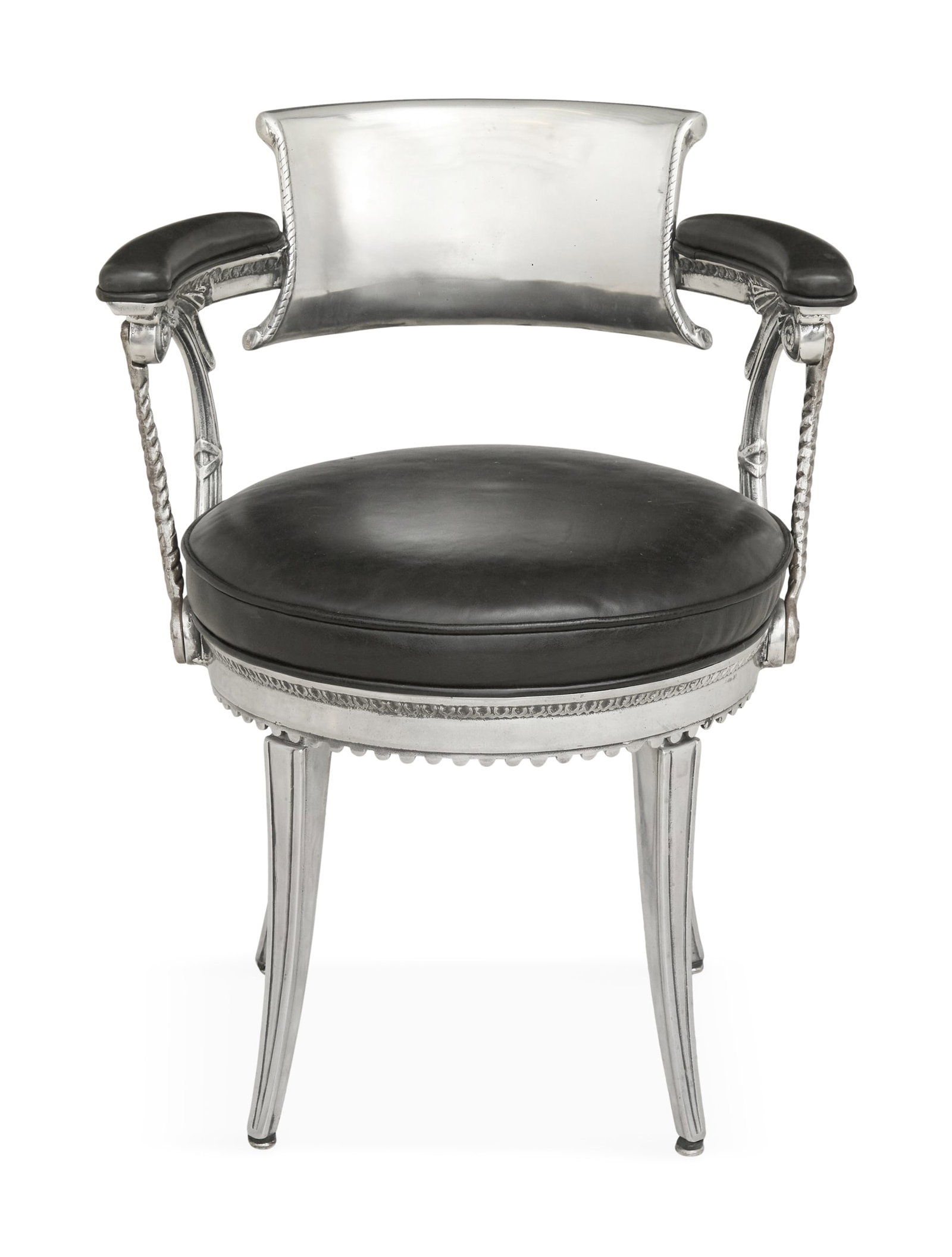 Dorothy Draper Aluminum and Leather Tub Chair: Dorothy Draper Aluminum and Black Leather Tub ChairAmerican, ca. 1949, in the Hollywood Regency taste, the curved back splat set between scrolled arms, with circular upholstered seat and sabre legs, c