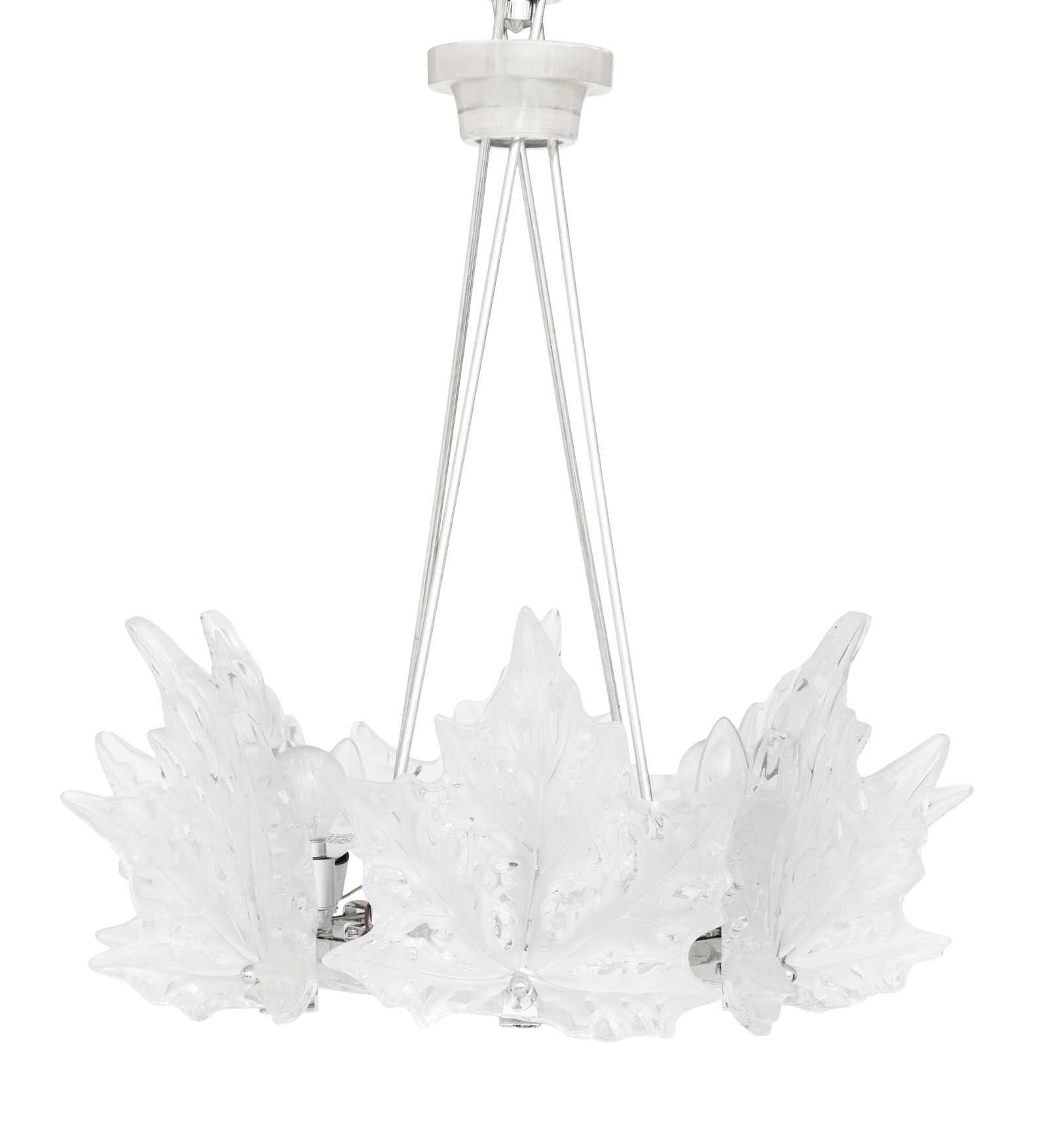 Lalique Champs Elysees Chandelier: Lalique Champs Elysees Chandelierpost-1968, the crystal and chrome six-light chandelier with a leaf-molded bottom pan, parcel-frosted leaf molded shades, and supported on chrome rods.h. 25", dia. 21-1