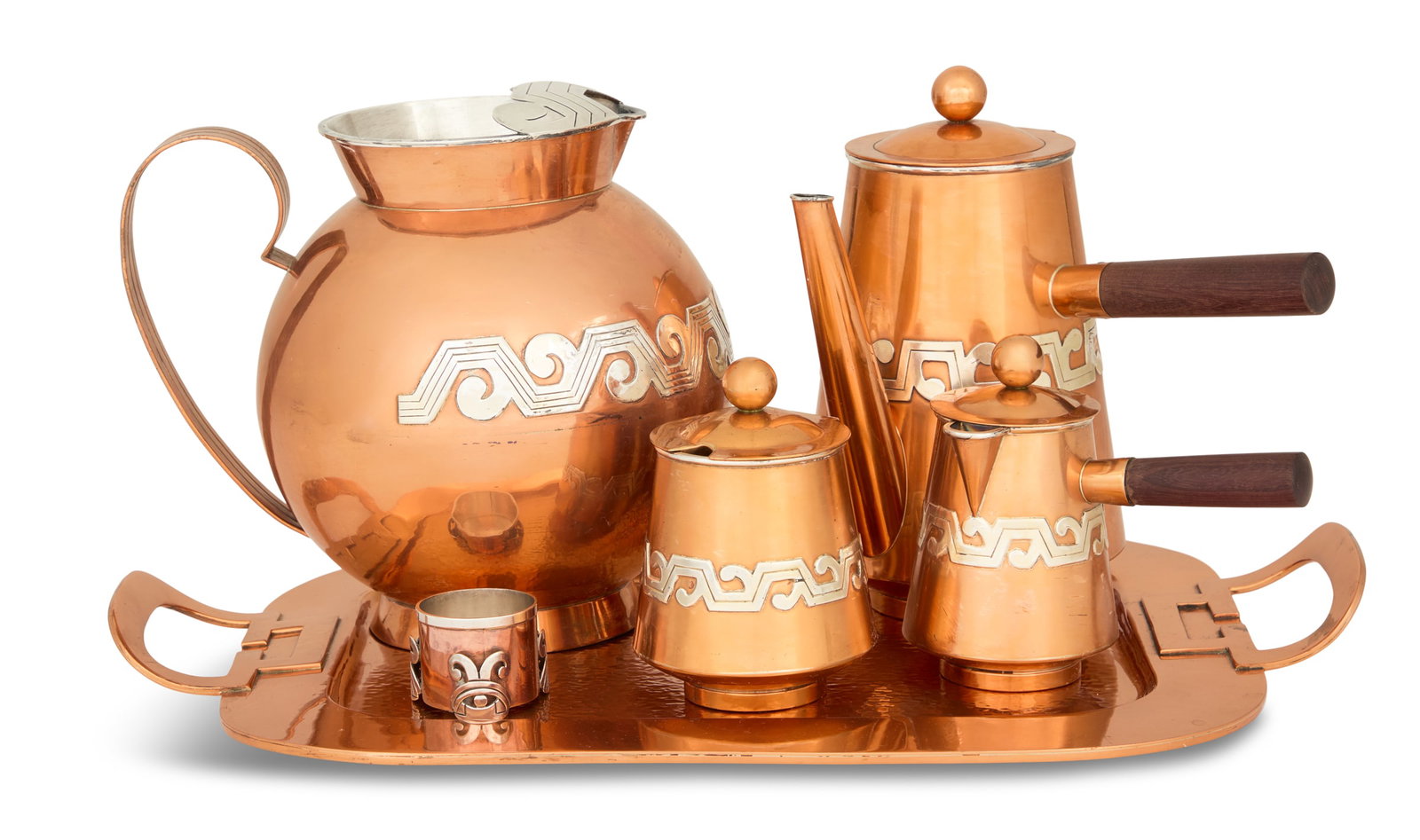 Mexican Mixed Metal Coffee Set and Other Pieces: Mexican Mixed Metal Coffee Set and Associated PiecesVictoria, Taxco, copper with applied silver accents, including a coffee set with:coffeepot, h. 7", l. 7-1/4";cream jug, h. 4-3/4", l. 5-1/4";covered