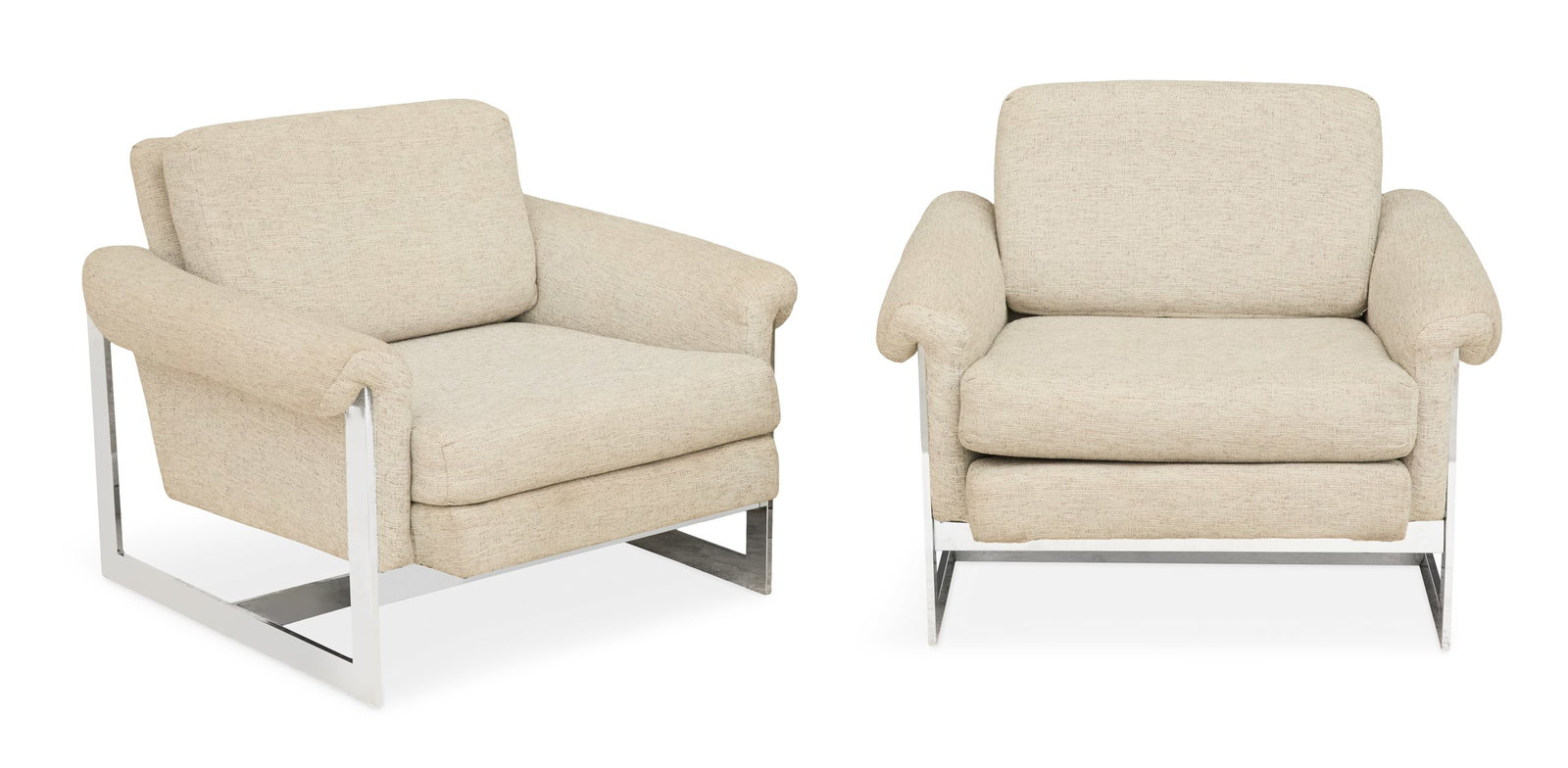 Pair of Chrome and Fabric Armchairs: Pair of Chrome and Fabric Armchairs20th century, the "flat bar" style frame with open sides at back, the bottom with stretchers, upholstered in a nubby fabric with loose back and seat cushions.h. 26-1