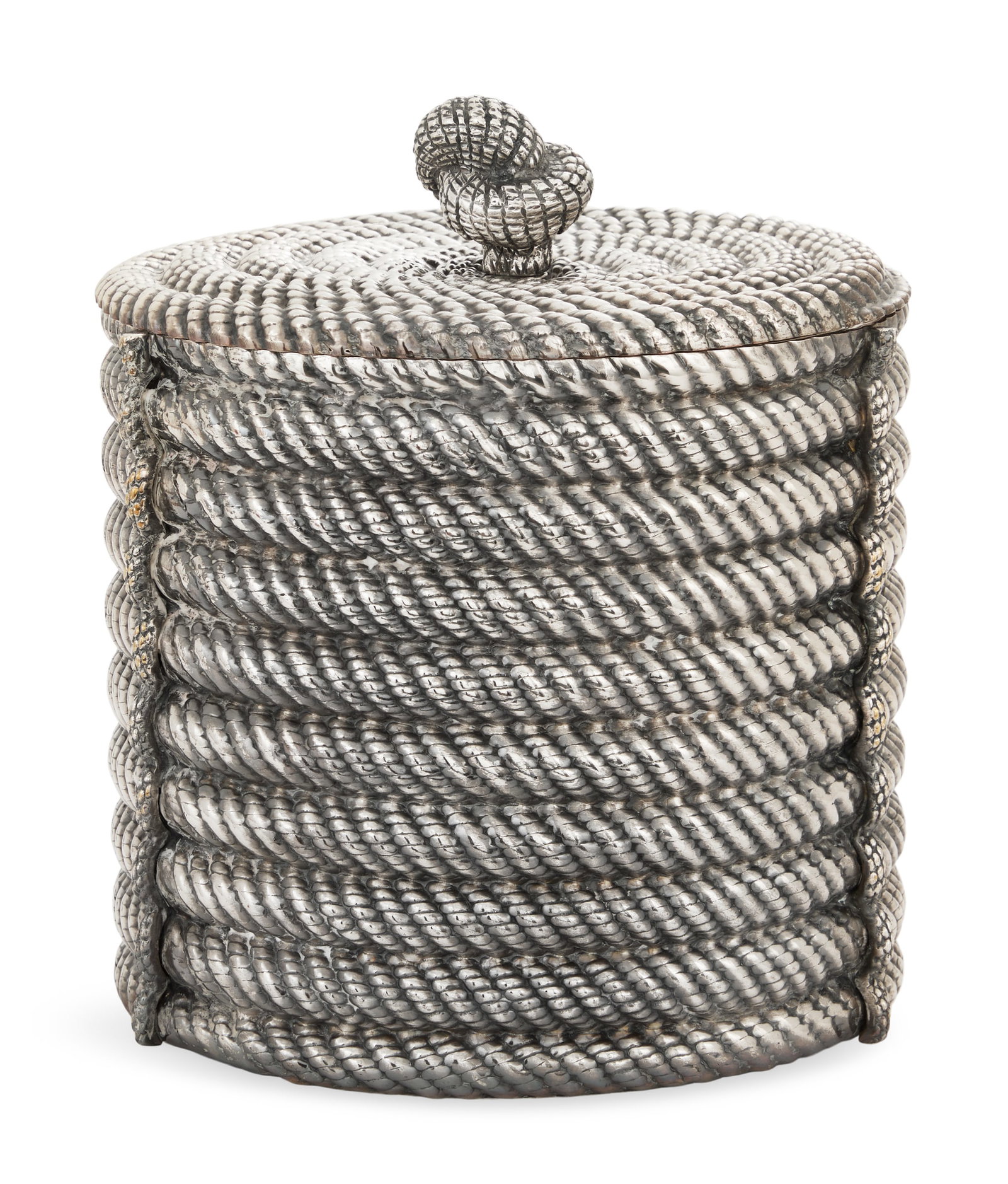 Valenti Silverplate "Rope" Ice Bucket: Valenti Silverplate "Rope" Ice Bucketfourth quarter 20th century, Barcelona, Spain, cylindrical in the form of a coiled nautical rope, the flat lid with "knot" finial opening to reveal the detachable