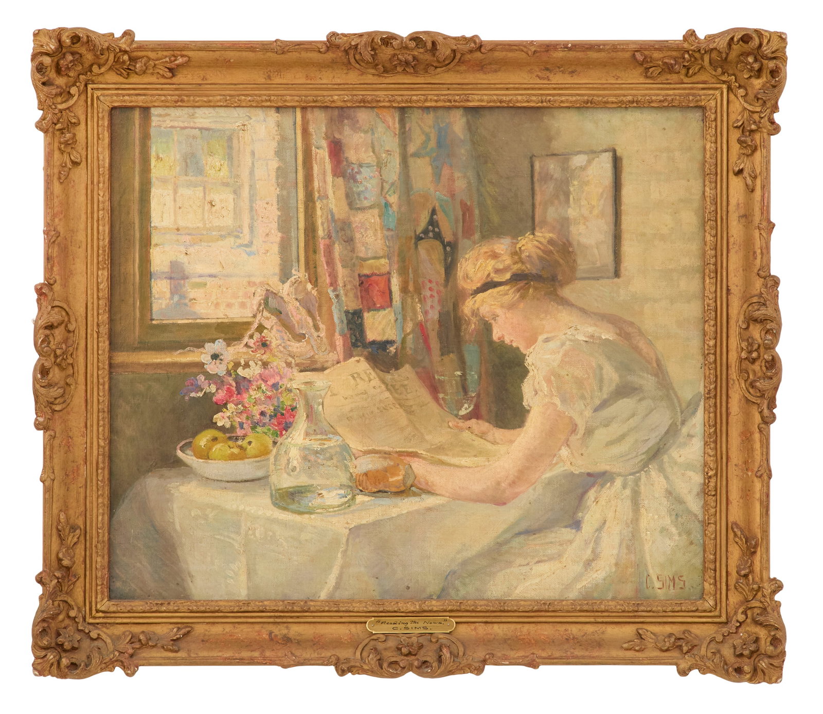 Charles Sims (British, 1873-1928): Charles Sims(British, 1873-1928)"Reading the News"oil on canvassigned lower right.Framed.20" x 24", framed 25" x 29"