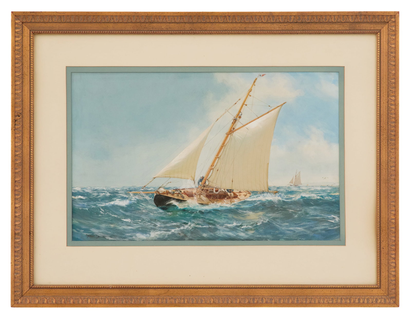 Montague Dawson (British, 1890-1973): Montague Dawson(British, 1890-1973)"With the Wind"watercolor on papersigned lower left, a "Marine Arts Company, Salem, Massachusetts" label en verso.Matted, glazed and framed.sight 16" x 26", framed 2