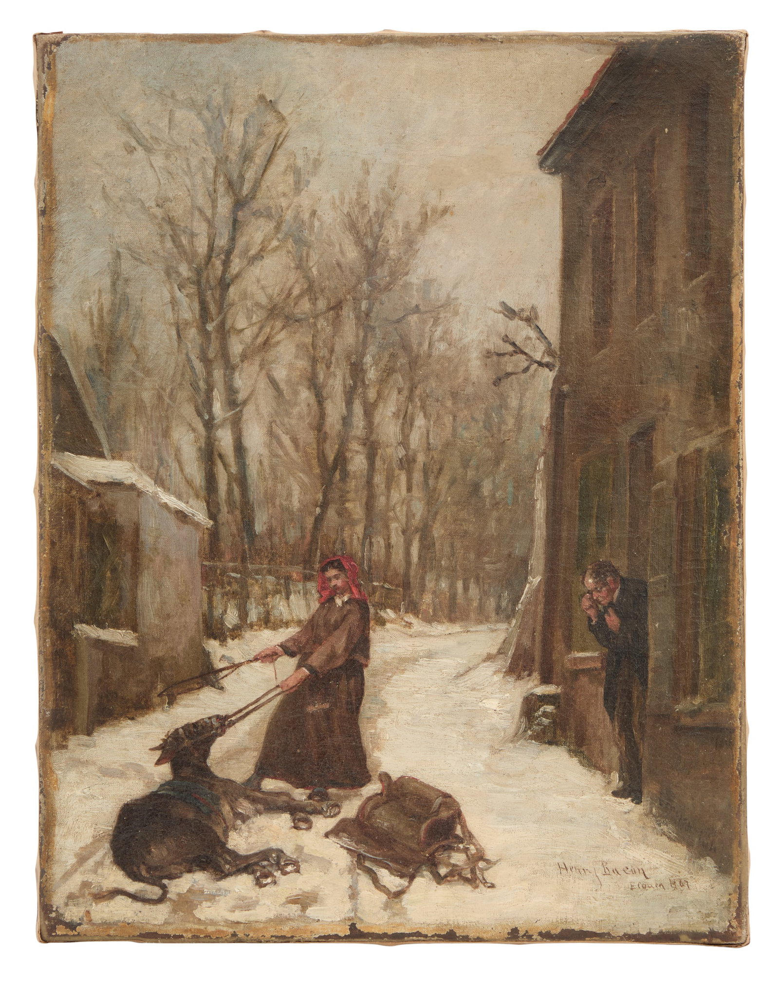 Henry Bacon (American, 1839-1912): Henry Bacon(American, 1839-1912)"The Stubborn Mule", 1867oil on canvassigned and dated lower right.Unframed.14" x 10-3/4"