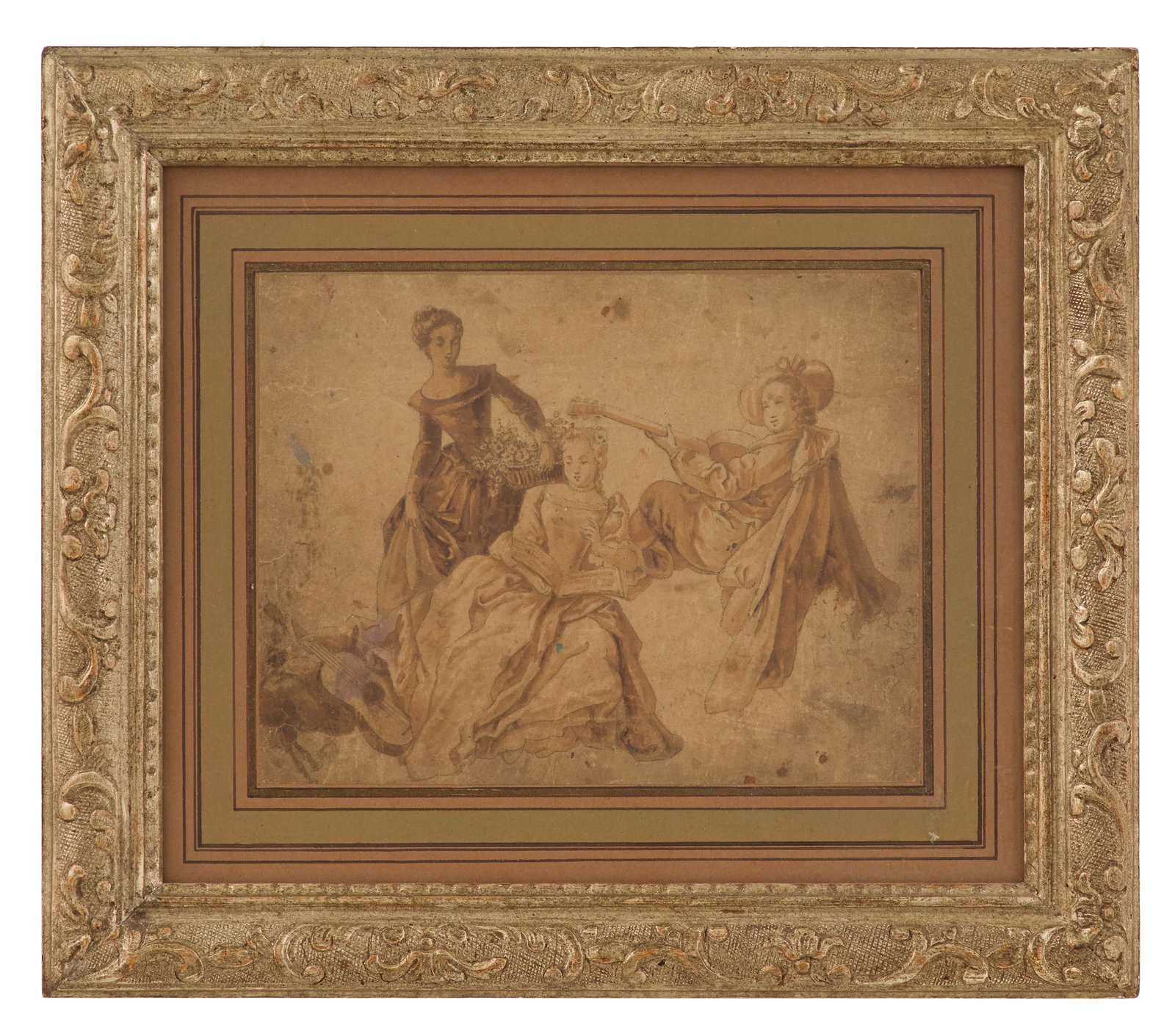 French School (Late 18th Century): French SchoolLate 18th Century"The Chaperone"watercolor and ink on paperfigures outlined in pinprick-sized holes suggesting this may have been used as a pattern.Matted, glazed and framed.sight 7-1/8"