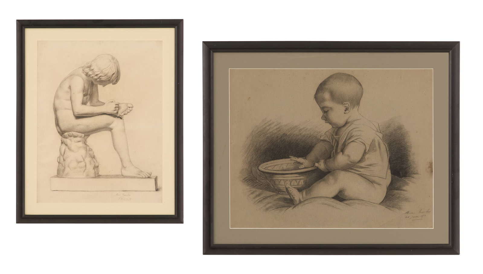 Marie Vasselon (French, 1844-1899): Marie Vasselon(French, 1844-1899)"Study of a Figure in Profile", 1877"Study of a Child", 1876two pencils on papereach signed and dated lower right.Matted, glazed and framed alike.sight 23-1/2" x 18",