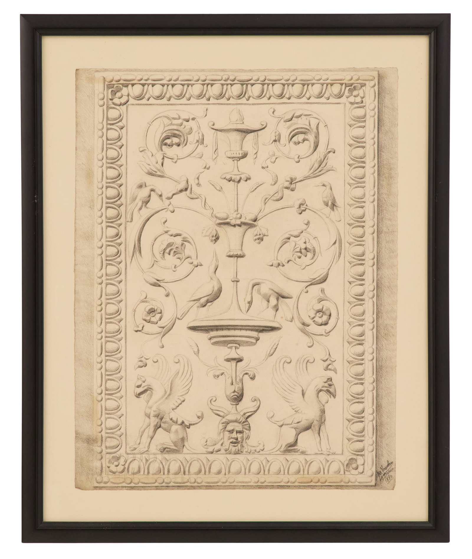 French School (19th Century): French School19th Century"Griffins and Flourishes", 1880pencil on paperillegibly signed and dated lower right.Float-mounted, glazed and framed.sheet 24-1/4" x 18-1/2", framed 30-3/4" x 25" Proven