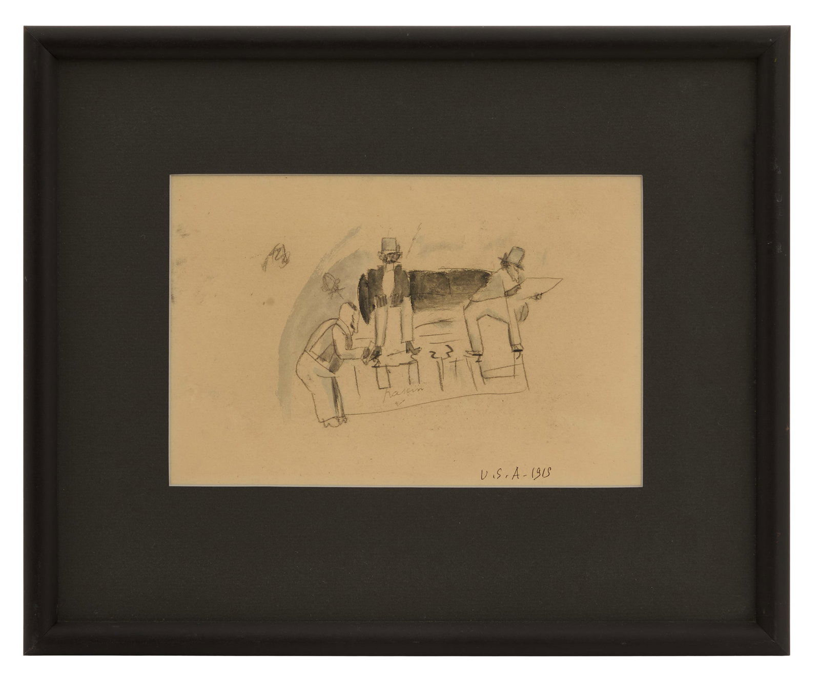 Jules Pascin (French/American, 1885-1930): Jules Pascin(French/American, 1885-1930)"Le Cireur de Chaussures", 1915pencil and watercolor on paperpencil-signed lower center, localized "USA" and dated lower right.Matted, glazed and framed.sight 6