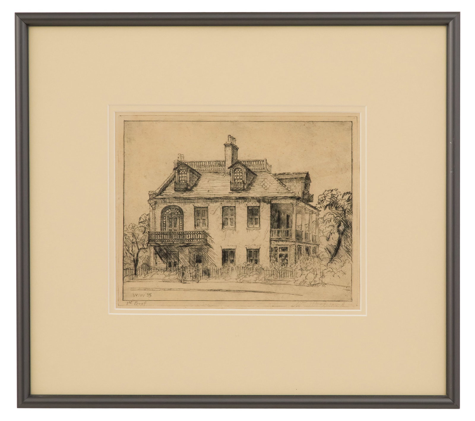 William Woodward (American/Louisiana, 1859-1939): William Woodward(American/Louisiana, 1859-1939)"Old Dyer Institute, Lee Circle, New Orleans", 1935drypoint on paperinitialed "W.W" and dated "35" lower left in plate, and pencil-signed and "1st proof"