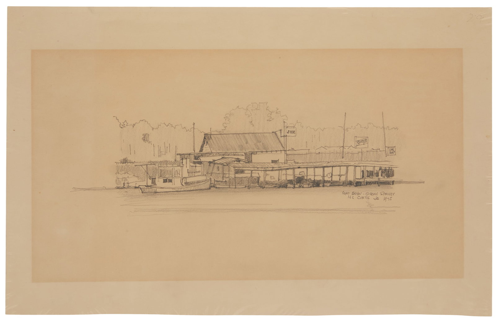 "Buster" Curtis, Jr. (US/Louisiana, 1917-1997): Nathaniel Cortlandt "Buster" Curtis, Jr.(American/Louisiana, 1917-1997)"Fort Bayou - Ocean Springs", 1975pencil on papersigned, titled and dated lower right. Together with an article about artist.Unfr