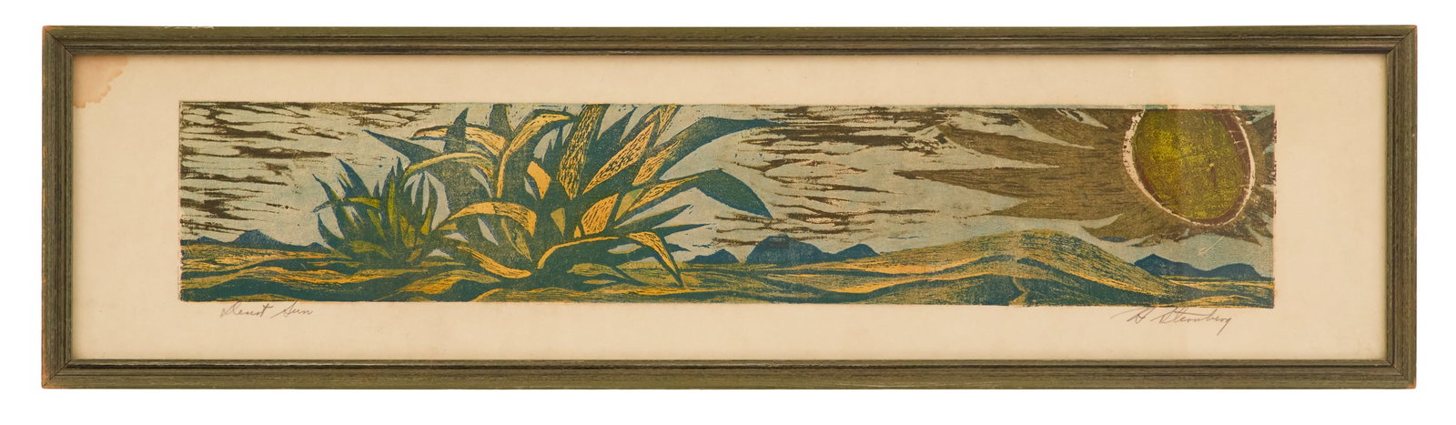 Harry Sternberg (American, 1904-2001): Harry Sternberg(American, 1904-2001)"Desert Sun"screenprint in colorssigned lower right and titled lower left.Matted, glazed and framed.sight 7-3/4" x 33-1/2", framed 9" x 35" You know, a part