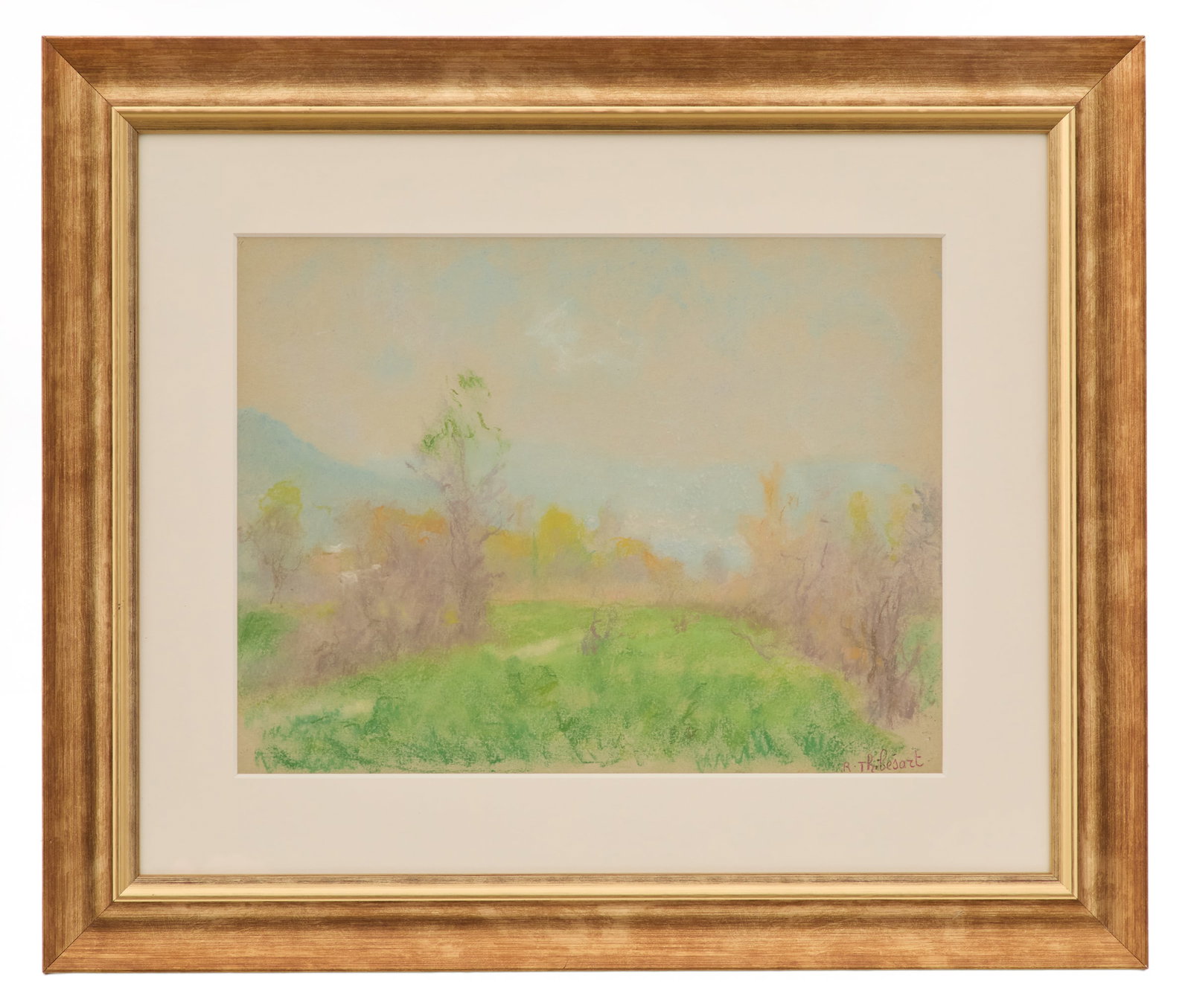 Raymond Thibesart (French, 1874-1968): Raymond Thibesart(French, 1874-1968)"Spring Landscape"pastel on papersigned lower right. Together with a Certificat d' Authenticite from Art en Seine Gallery.Matted, glazed and framed.sight 9-1/2" x 1