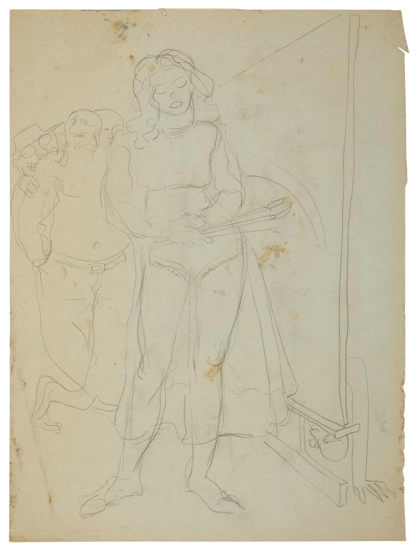 James A. Fisher (US/Louisiana, 20th Century): James A. Fisher(American/Louisiana, 20th Century)"Model's Revenge", 1948pencil on papersigned, dated and inscribed "Drawing by Jim Fisher/caricature of model at art class at New Orleans Art School/gif