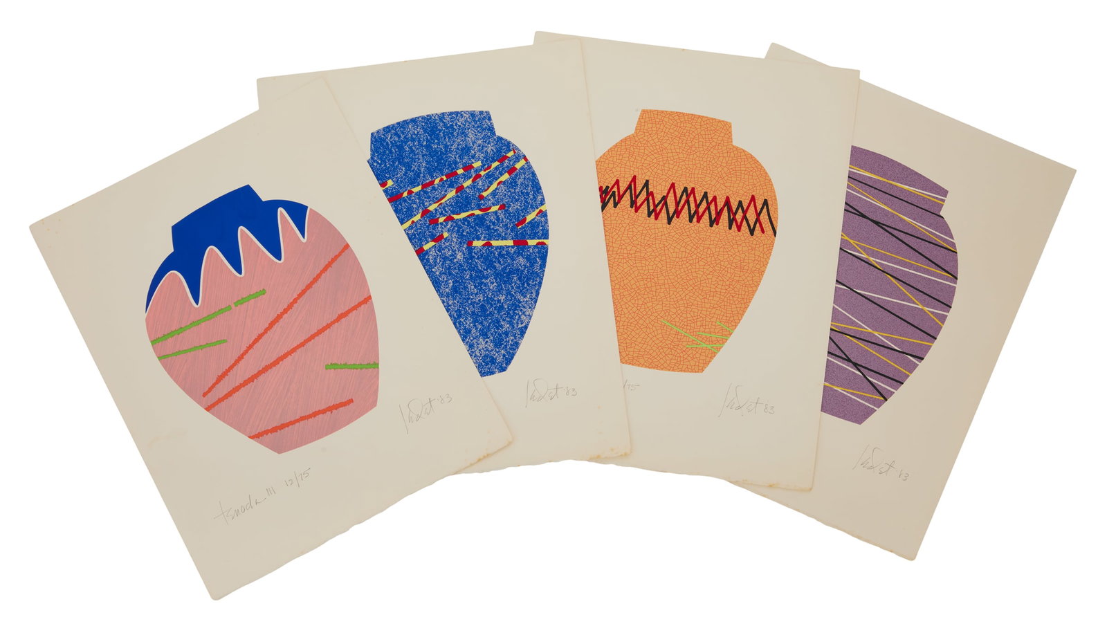 Michael Ledet (American/Louisiana, b. 1941): Michael Ledet(American/Louisiana, b. 1941)"Tenocha", 1983group of four silkscreens in color on papereach pencil-signed and dated lower right, titled and numbered "12/75" lower left, published by Word