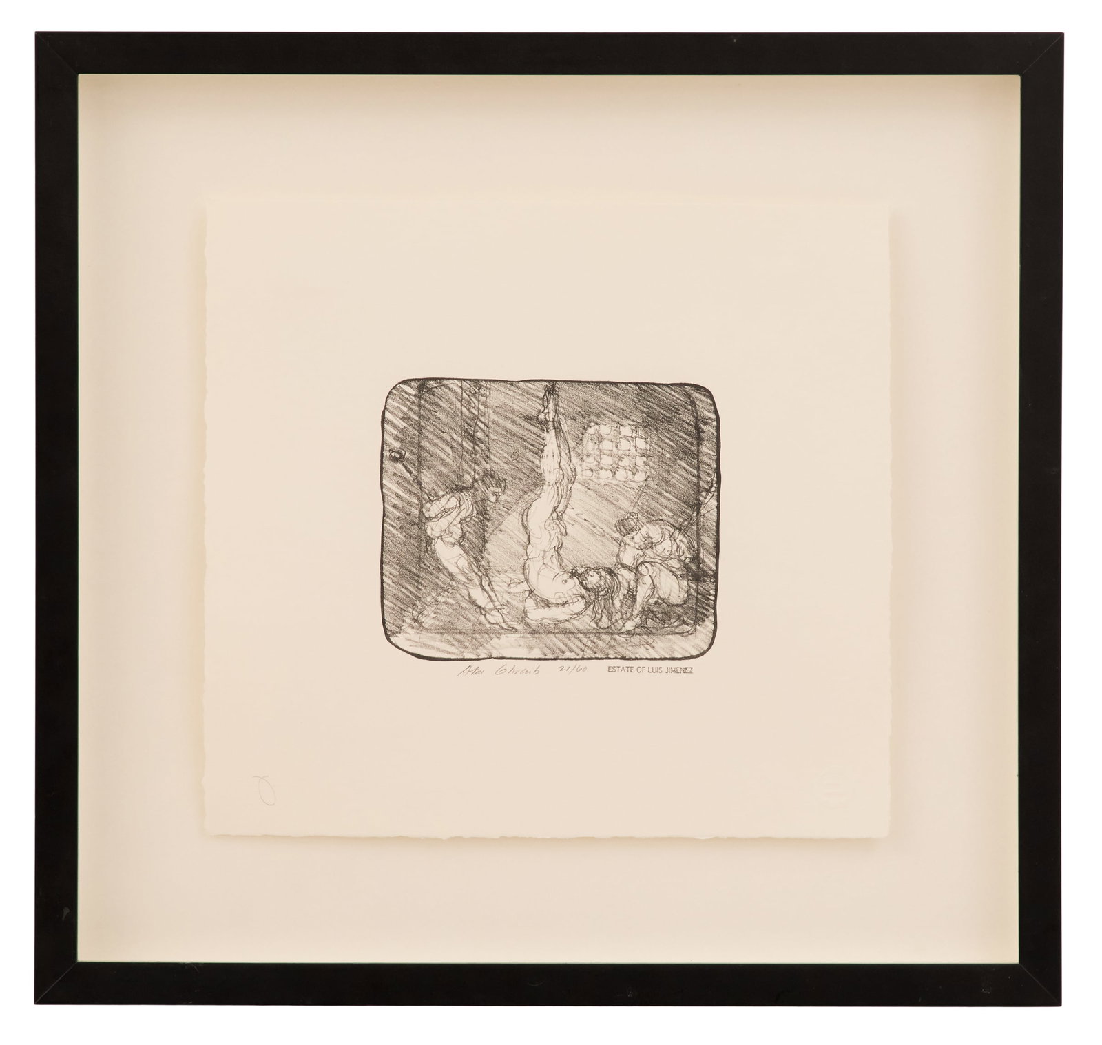 Luis Alfonso Jimenez (American, 1940-2006): Luis Alfonso Jimenez(American, 1940-2006)"Abu Ghraib", 2008lithograph on paperlater impression from 2006 lithograph, estate stamp lower right, pencil titled and numbered "21/60" lower center.Float-mou
