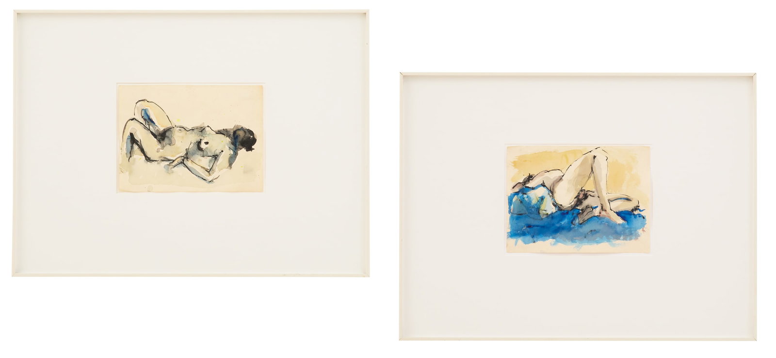 Lori Yarotsky (American, 20th Century): Lori Yarotsky(American, 20th Century)"Reclining Nude I", 1976"Reclining Nude II"two watercolors on paperthe former signed and dated mid center, the latter unsigned.Each float-mounted, glazed and frame