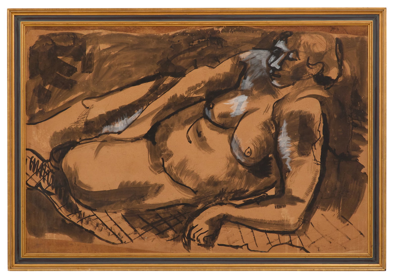 Suzanne Fosberg (American, Contemporary): Suzanne Fosberg(American, Contemporary)"Reclining Nude"gouache and wash on paper laid down on boardsigned lower right.Framed.42" x 62-1/2", framed 49" x 69"