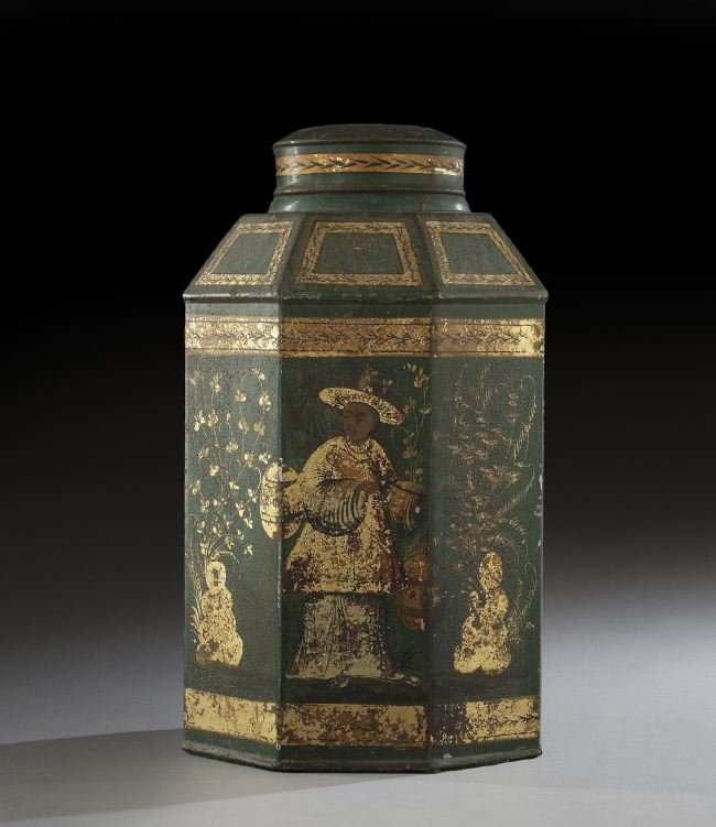 Regency Tole Tea Canister: Regency Tole Tea Canister, second quarter 19th century, h. 16-1/2", dia. 8-3/4".