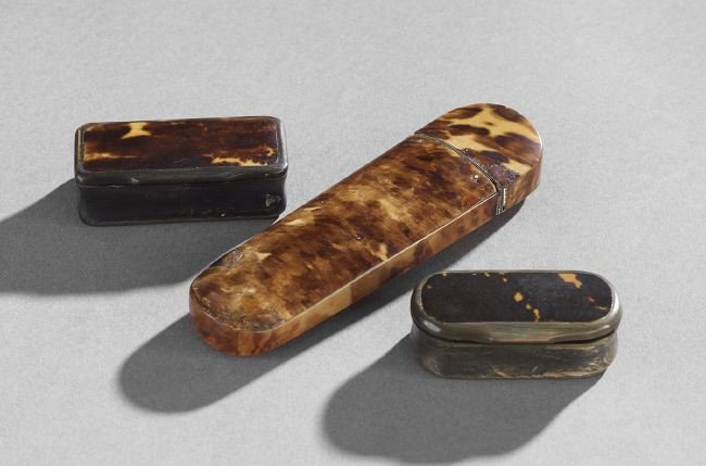 Three Victorian Tortoiseshell and Bone Boxes: Three Victorian Tortoiseshell and Bone Boxes, ca. 1900, including a spectacles case with a silverplate escutcheon, l. 5-1/2", and two snuff boxes, l. 2-1/2" and 2-3/4".