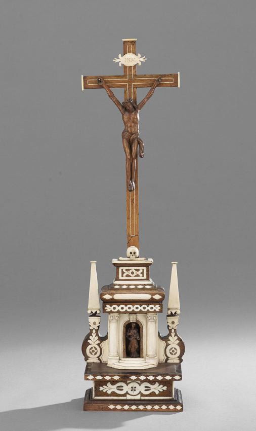 Latin American Bone and Hardwood Altarpiece: Latin American Carved and Inlaid Bone and Hardwood Altarpiece, bone obelisks flank Mary in an arched opening, under the crucifix holding Jesus Christ, h. 28", w. 7-1/4", d. 4-3/4".