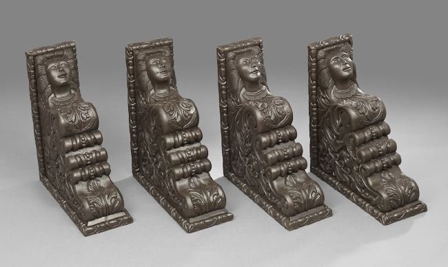 Four Latin American Carved Architectural Brackets: Set of Four Latin American Masque- and Acanthus-Carved Architectural Brackets, fourth quarter 19th century, composed of Spanish cedar, h. 22-3/4", w. 9-1/4", d. 26-1/2".