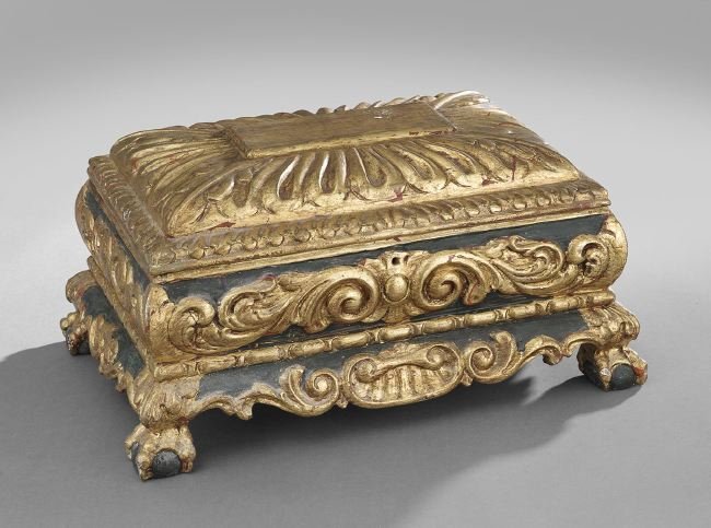 Baroque-Style Gilded and Painted Valuables Chest: Baroque-Style Gilded and Painted Valuables Chest, resting on ball-and-claw feet, h. 10-1/2", w. 20", d. 12-1/2".
