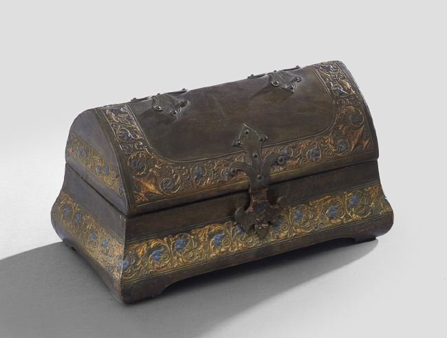 Spanish Colonial Bombe-Form Valuables Box: Spanish Colonial Dome-Top Bombe-Form Valuables Box, first quarter 20th century, covered in tooled and painted leather, h. 8", w. 14", d. 7-3/4".