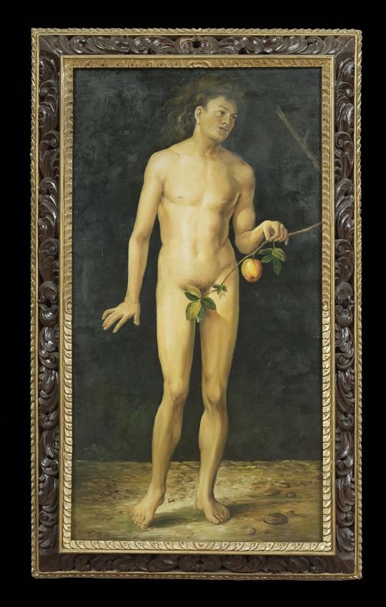 Continental School (20th Century): Continental School (20th Century), pair of oils on canvas, "Adam" and "Eve", each illegibly signed lower right, 59" x 32". In matching carved and pierced gilt-washed frames.