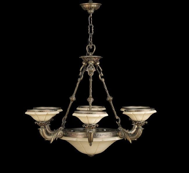 Patinated Metal and Alabaster Chandelier: Patinated Metal and Alabaster Twelve-Light Chandelier, of neoclassical inspiration, with six arms surrounding a bowl concealing six additional lights, h. 33-1/2", dia. 34-1/2".