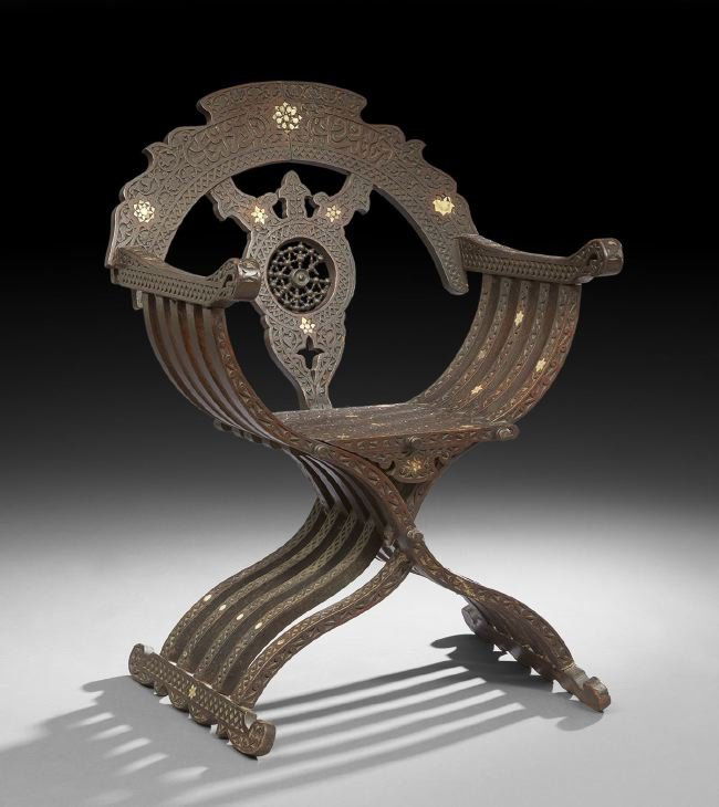 North African Savonarola Chair: North African Mother-of-Pearl-Inlaid Savonarola Chair, late 19th century, inlaid throughout with mother-of-pearl and ebony six-point stars, h. 38".