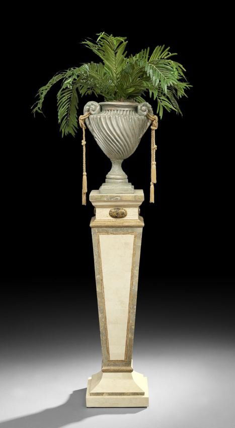 Italian Neoclassical-Style Pedestal: Italian Neoclassical-Style Travertine and Marble-Veneered Pedestal, executed in various specimen "marbles", together with a spiral-reeded composition jardiniere, h. 44-1/4", w. 14", d. 14".